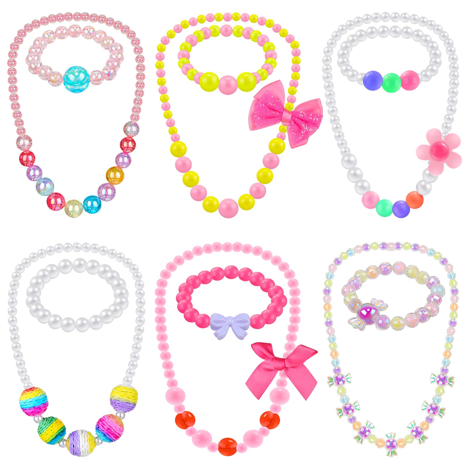 Sumind 6 Sets Toddler Jewelry for Little Girls Baby Beaded Necklace and Bracelet Costume Dress up Jewelry Gifts Princess Party Favors(Classic Style)