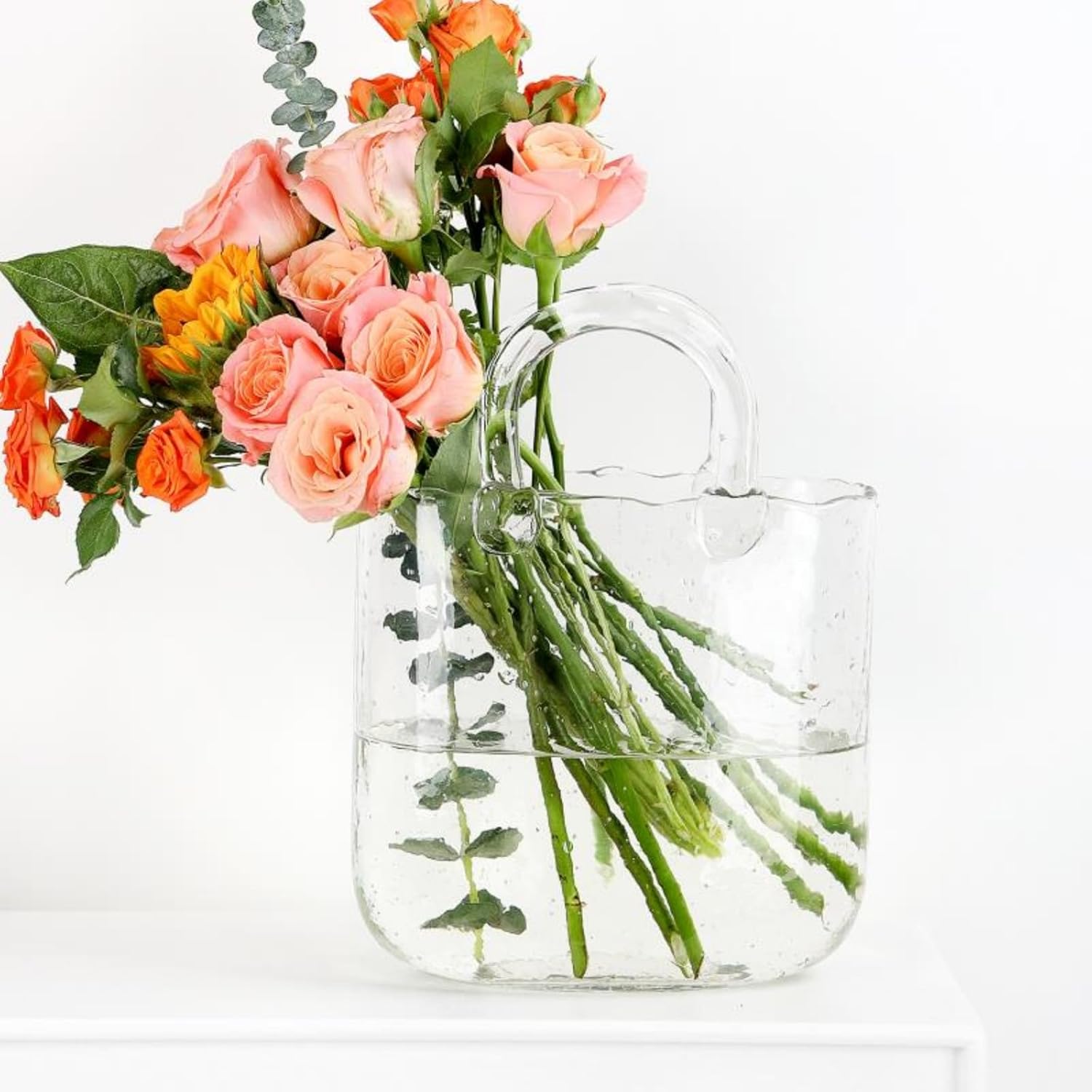 Glass Purse Vase with Handle – 10 Inch Handmade Clear Glass Handbag Vase, Multifunctional Centerpiece for Flowers, Fish Tank, or Home Decor, Table, Bedroom, Kitchen, and Events