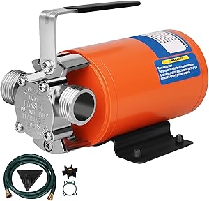Water Pump 12V Water Pump 1/10 HP 330 GPH Water Transfer Pump With 3/4 inch Ports Suction Hose And Spare Impeller Electric Water Pump Utility Pump-Orange