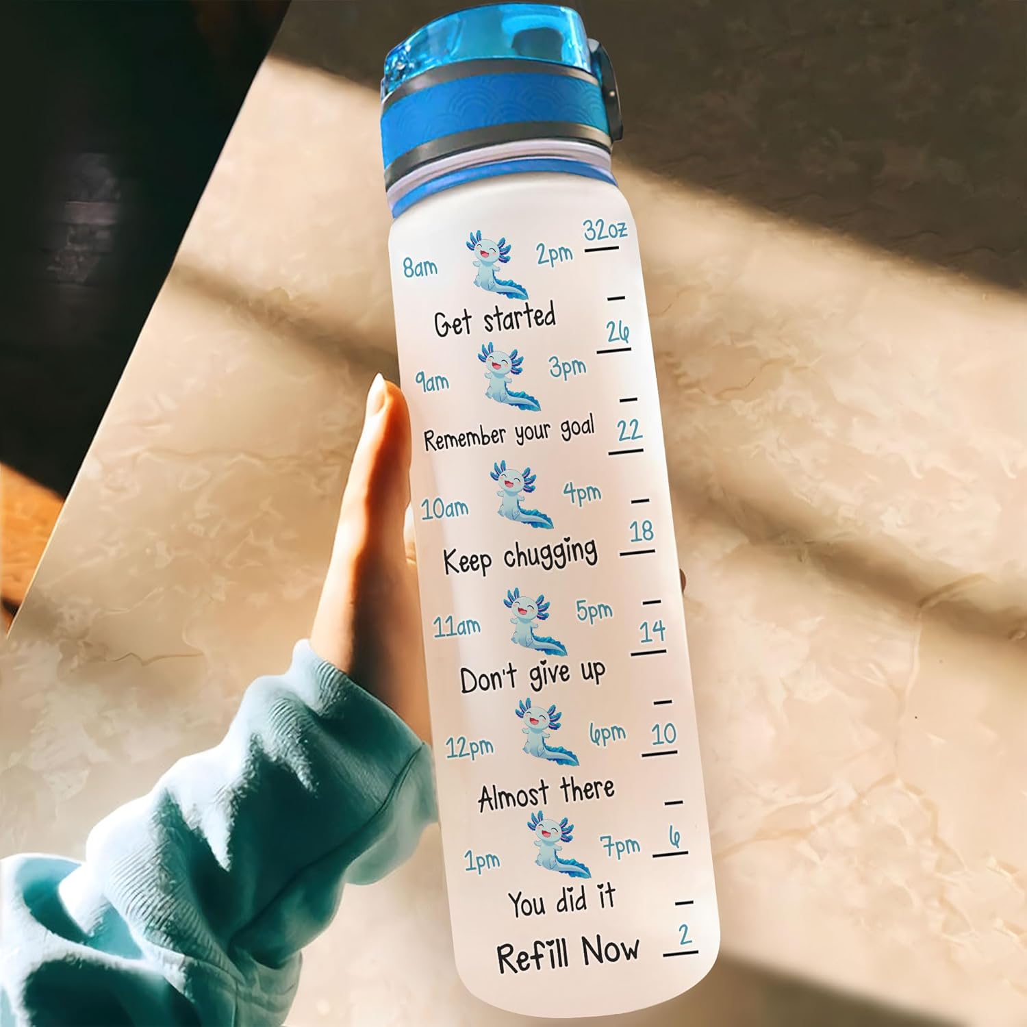 Hyturtle Personalized Axolotl Water Bottle - 32oz Motivational Water Bottle with Leak-Proof Lid & Time Marker - Custom Name Gift for Axolotl Lovers, Women, Girls, Boys - Birthday & Christmas Gift