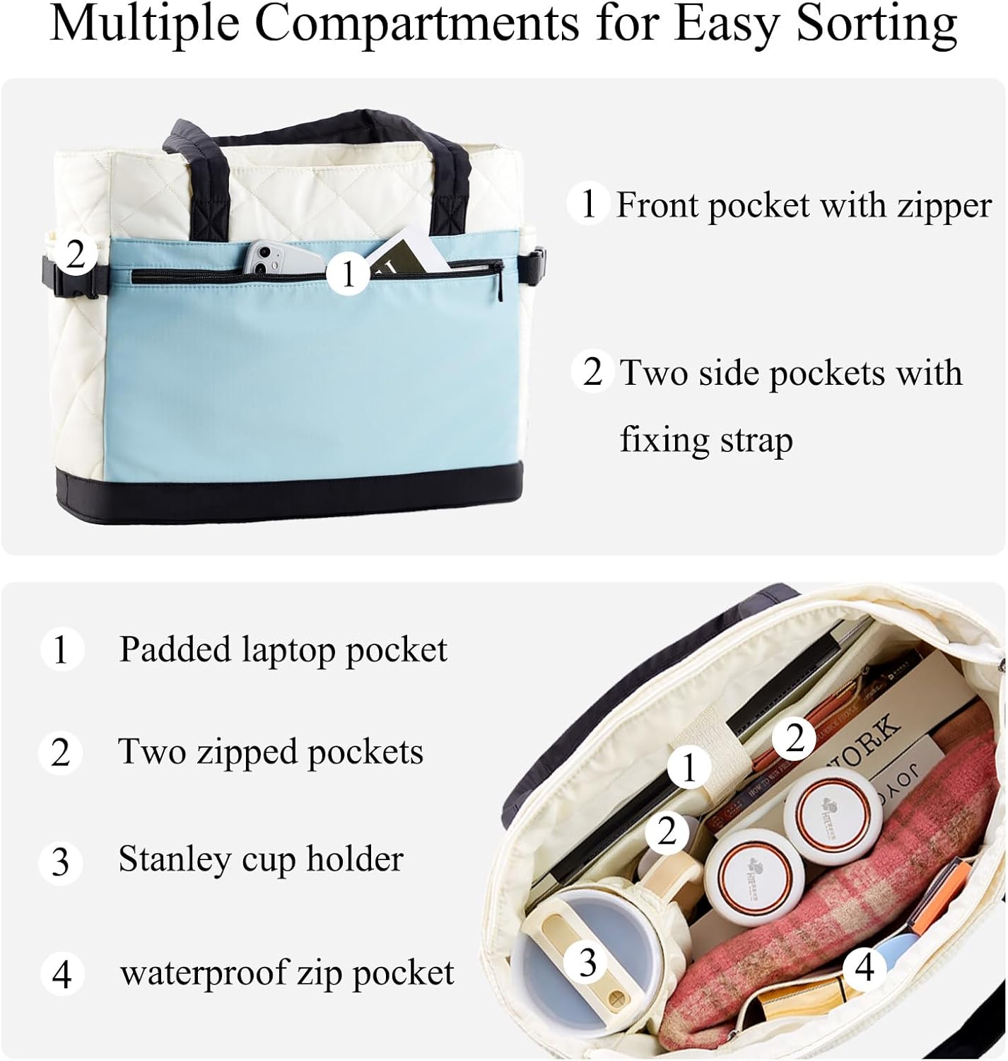 Puffer Tote Bag for Women, Work Bag with Cup Holder, Teacher Bag with Compartments, Quilted Tote Bag with Zipper for Travel