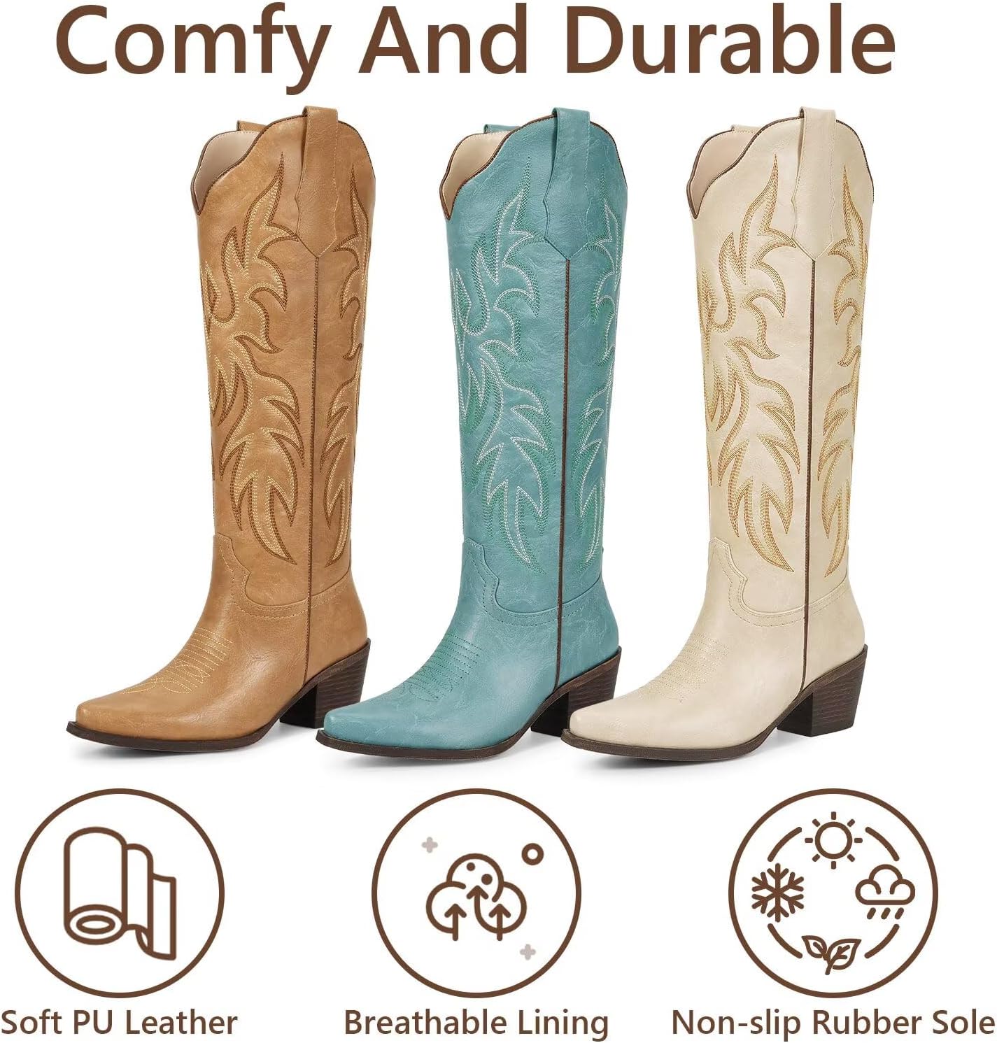 wetkiss Cowboy Boots for Women Knee High Cowgirl Boots with Chunky Low Heel and Pointed Toe, Womens Retro Embroidered Western Boot for Concert Party Festival Event