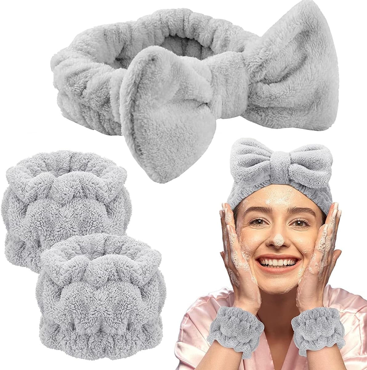MAYCREATE® Spa Headband & Wristband Set for Washing Face,Soft Makeup Bowknot Headband for Women Girls,Super Absorbent Flannel Sweat Wrist Band Towel Face Wash Yoga Fitness (Grey)