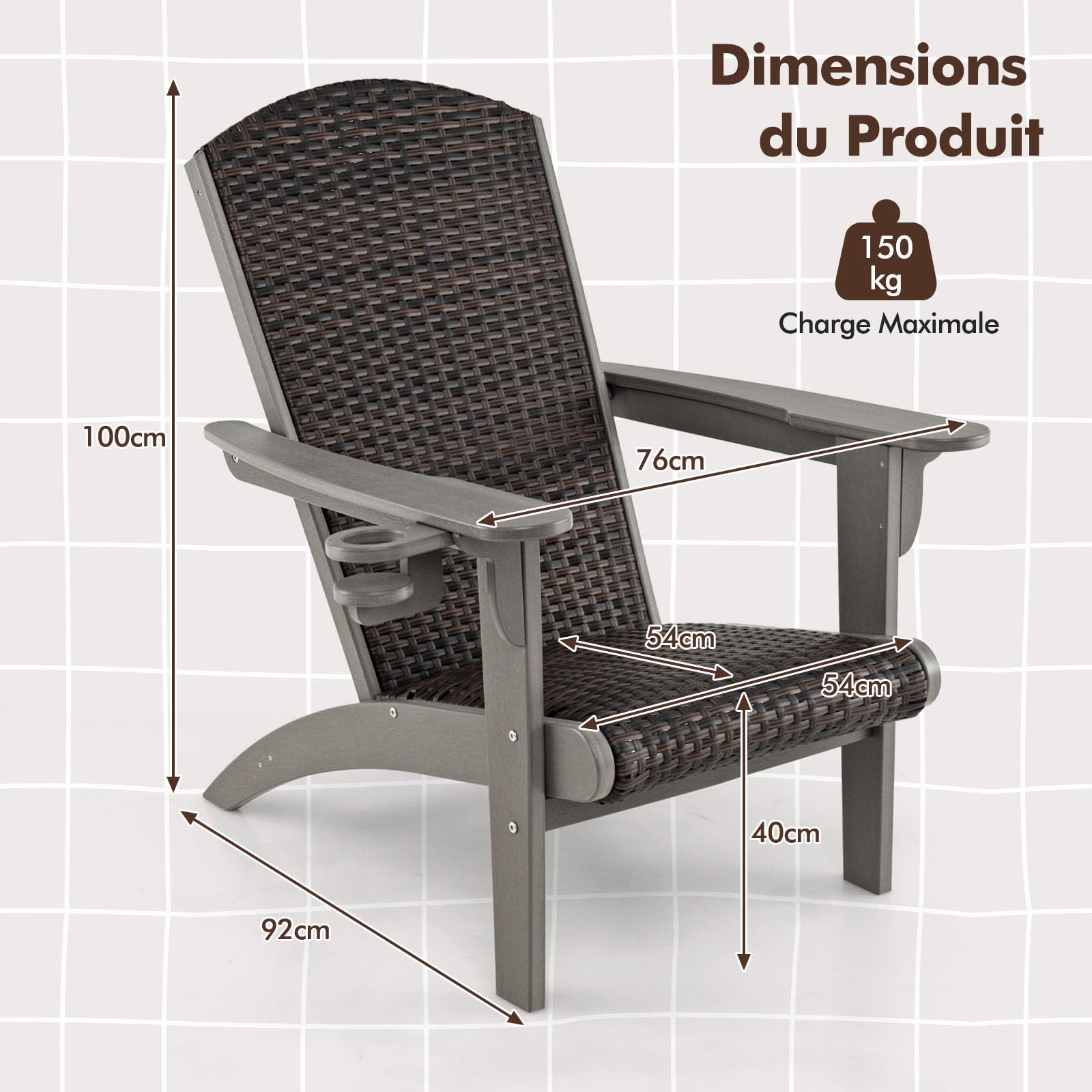 COSTWAY Fauteuil Jardin Exterieur, Chaise Adirondack en HDPE, Porte-Gobelet Rotatif, Siège et Dossier Rembourrés en Rotin, Chaise Longue pour Jardin Porche, 92 x 76 x 100 cm, Charge 150 kg (Gris)