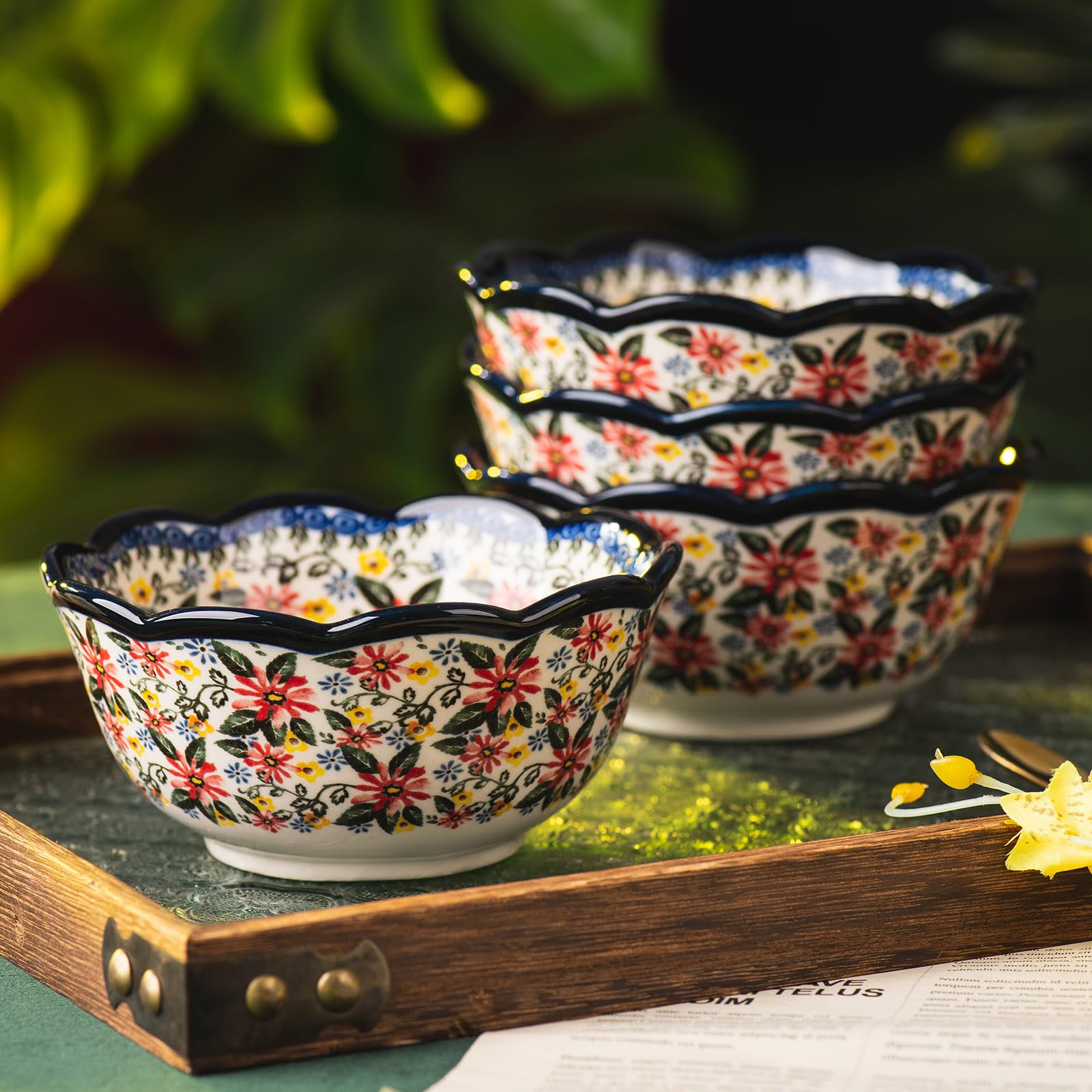 Müslischüssel-Set aus Porzellan, 12,7 cm, 4 Stück, für Dessert, Eis, Suppe, Reis, Obst, kleine Portionen, mikrowellen- und spülmaschinenfest, 380 ml, Vintageblau, exotisches Gänseblümchen