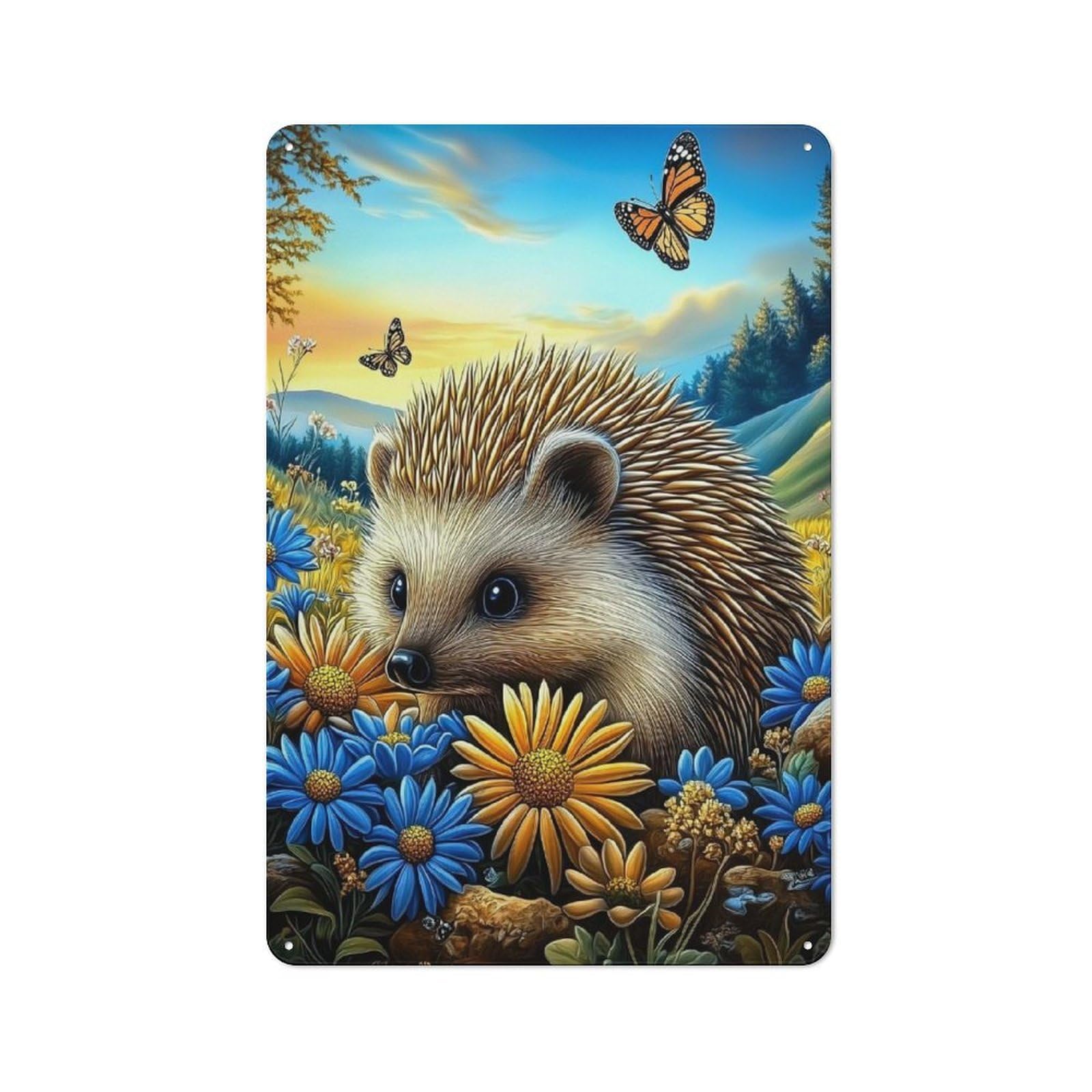 Junmoney Style-1 Metal Wall Sign 30X20cm Featuring Hedgehog In A Field Of Flowers For Hallway Wall, For Hallway Decor Lovers, For Retro Home Interiors