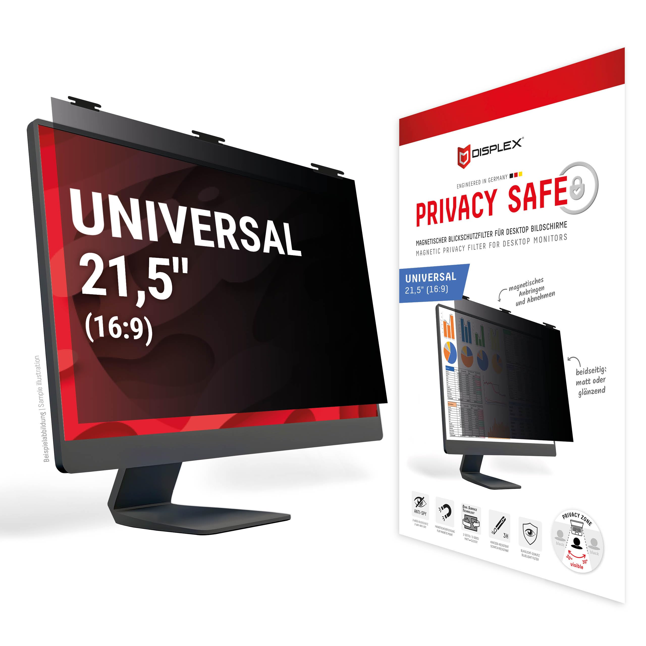 Displex PRIVACY SAFE - Filtro de privacidad magnético de 2 vías para monitor de escritorio de 21,5" (16:9), 48,5 x 27,4 cm, fijación magnética, extraíble, antirreflejos y protector de privacidad