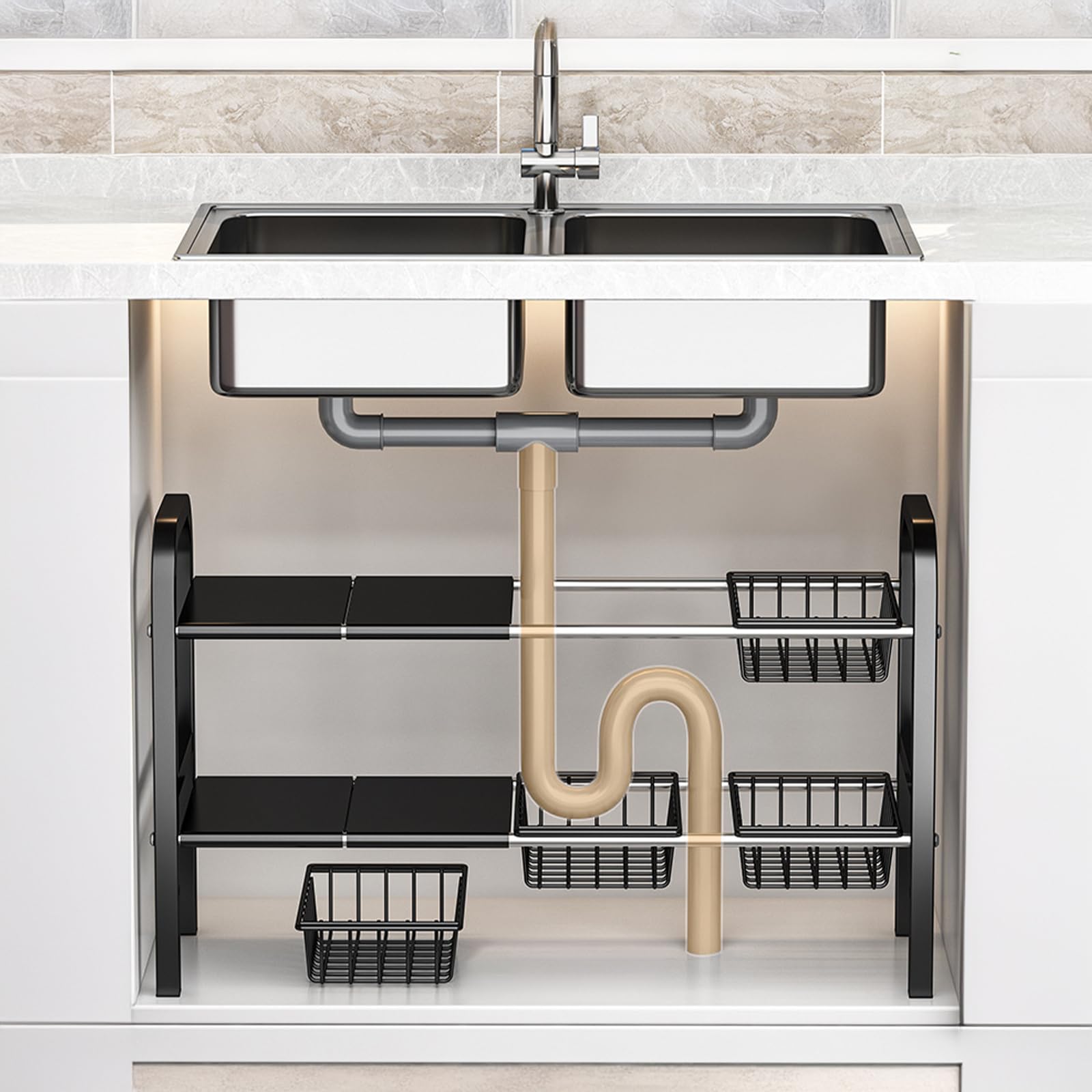 Scaffale multiuso in metallo a 2 ripiani espandibile sottolavello con 5 pannelli rimovibili e cesti, soluzione per cucina e bagno