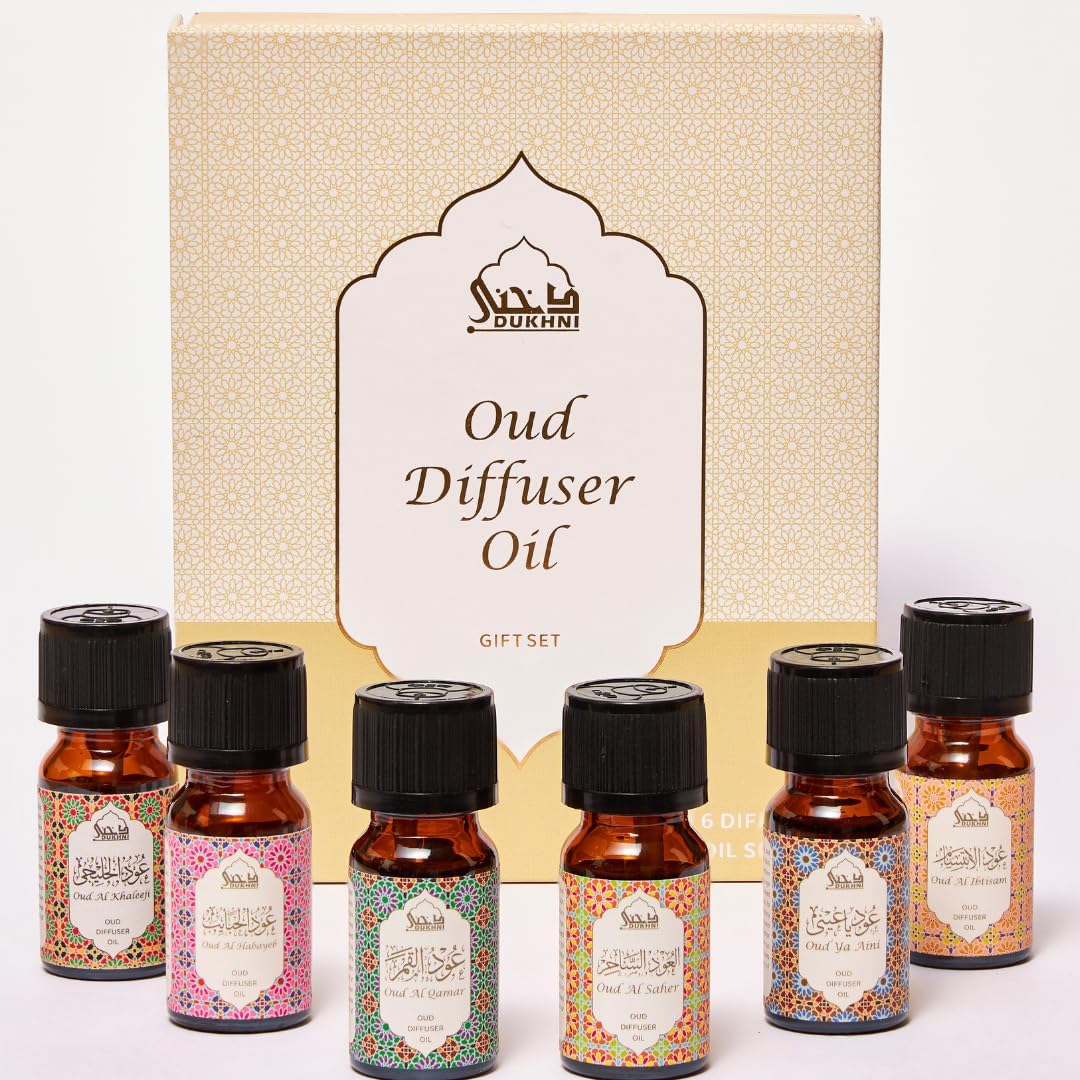 Oud Diffuser Oil, Essential Oil Gift Set by Dukhni | 6 x 10ml Arabic Oil Gift Set for Diffuser & humidifier | 100% Pure Halal Oudh Oils | Relax with Home Aromatherapy, for Relaxation and Massage