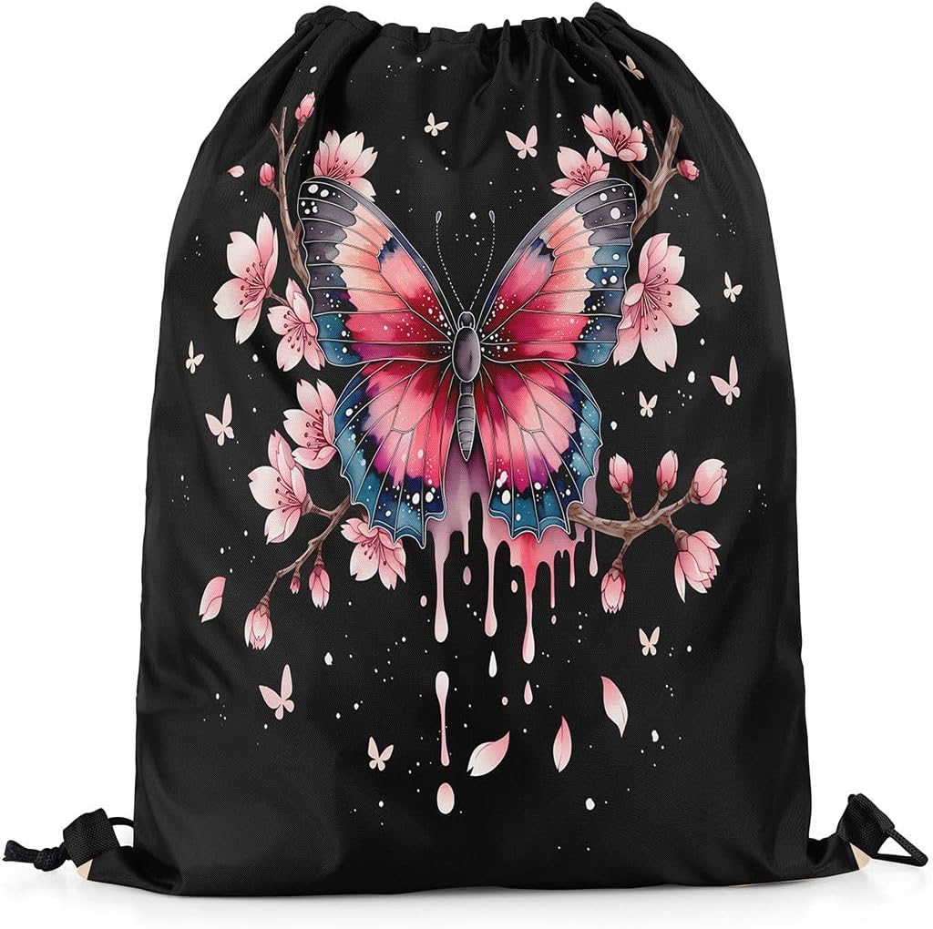 Castle Fairy Butterfly Drawstring Gym Bag 13"X23"Cherry Blossom Foldable Waterproof Drawstring Backpack,Gothic Pink Floral Draw String Back Bags for Shopping,Black Sackpack for Yoga