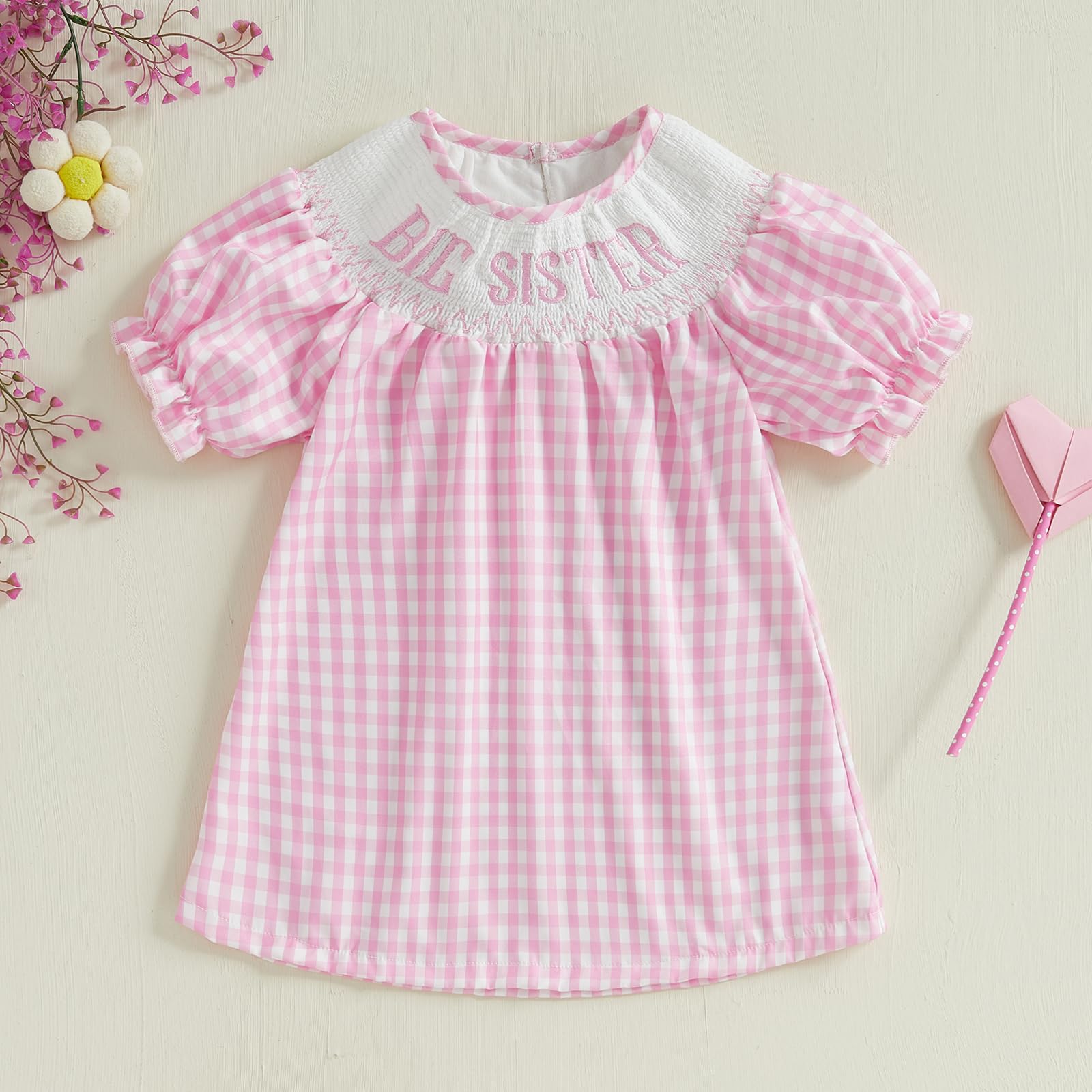 Baby Sister Big Sister Matching Outfits Puff Short Sleeve Letter Plaid Smocked Princess Dress/Bubble Romper Summer (US, Age, 3 Years, 4 Years, A-Pink)