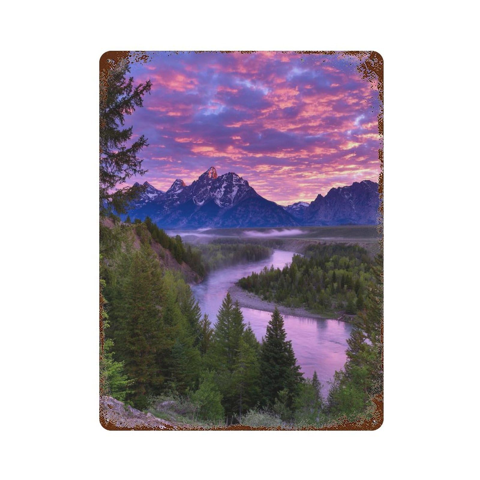 Mountain River Sunset Scenery Aged Metal Wall Plaque 15.7"x11.8", Industrial Home Decor for Garage, Pub Or Kitchen