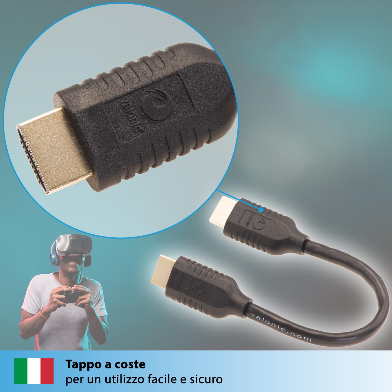 valonic cavo hdmi corto, 20 cm - HDR, ARC, High Speed 4k Ultra HD - per TV, PC, PS5, Monitor - maschio maschio, nero, 0,2m