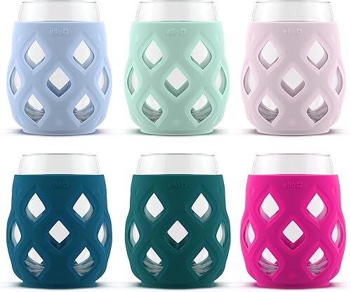 Ello Juego de copas de vino sin tallo Cru con mangas de silicona