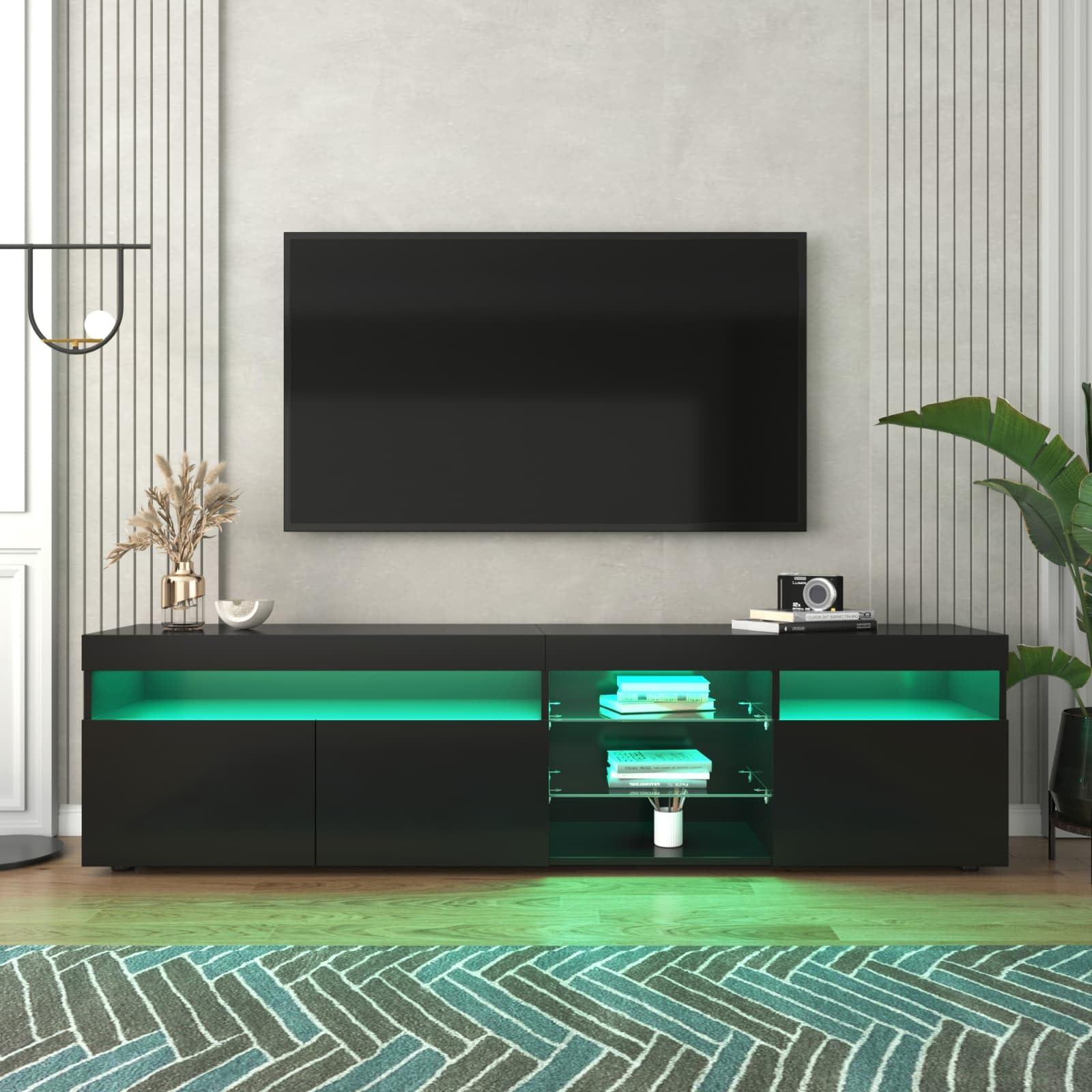 PUGSDRLY Meuble TV Contemporain Noir 180cm avec Éclairage LED Réglable et Finition Brillante,Adapté aux Salons et Salles à Manger (Black)
