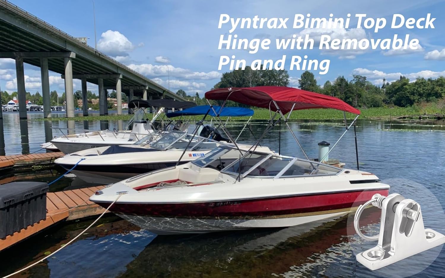 Bimini Top Deck Hinge - 316 Stainless Steel Marine Hardware with Quick-Release Pin & Ring - Easy Install Boat Bimini Top Parts for Pontoon, Fishing & Ski Boats (4 Pack)