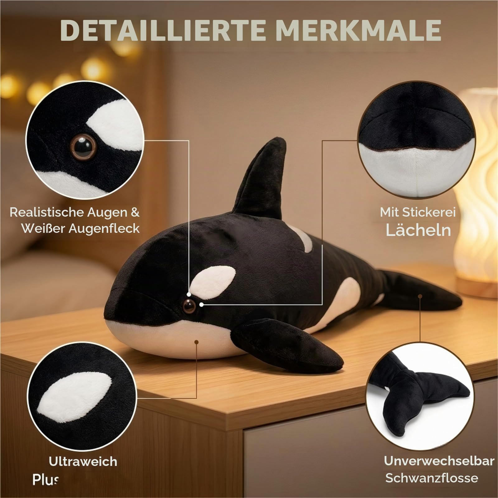 Realistisches Orca-Wal-Plüschtier, Riesiger, Weicher Und Kuscheliger Killerwal, Stofftier for Kinder Und Erwachsene, Heimdekoration(130cm/51.2in)