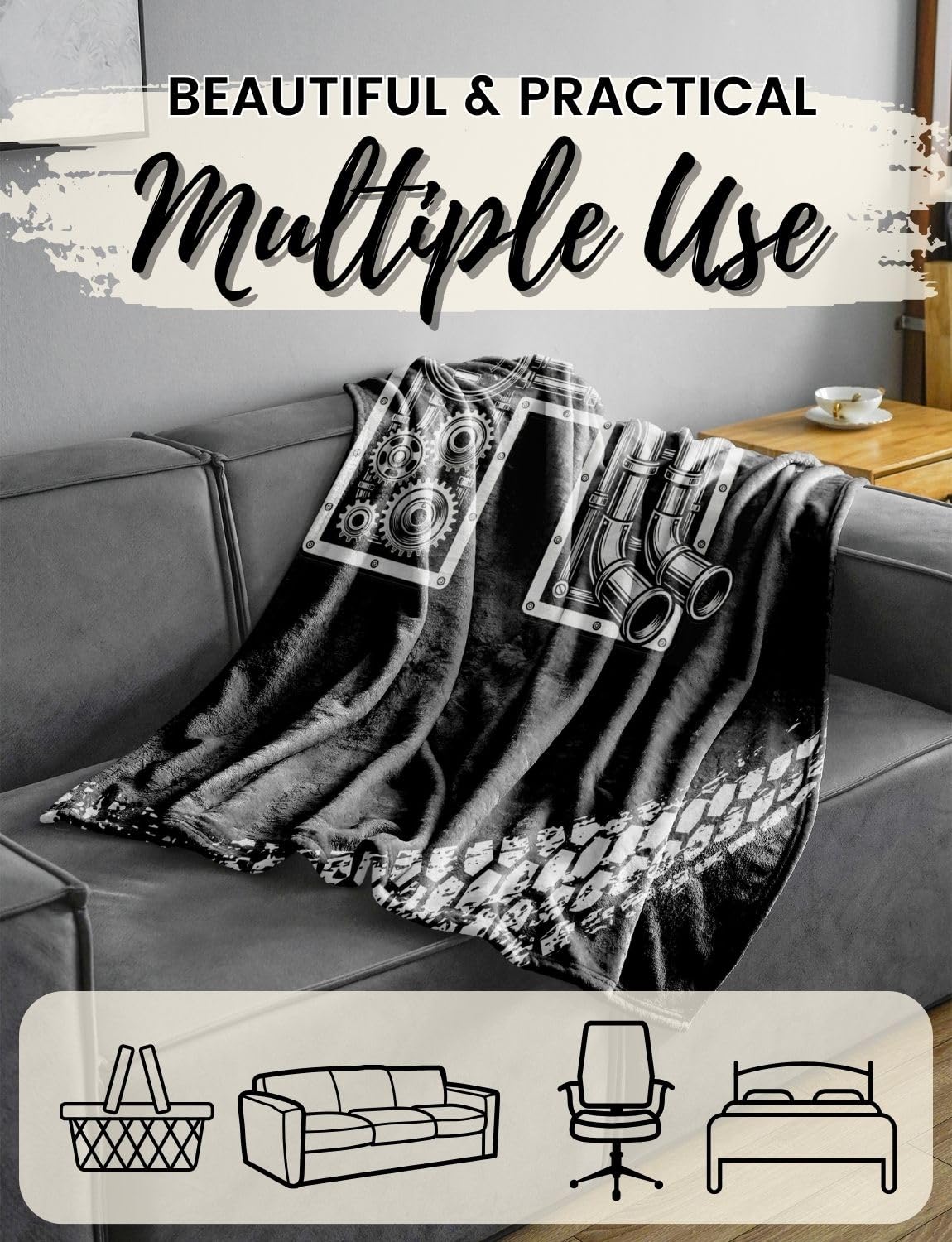 Huglanket Car Guy Gifts Throws for Men, Initial Flannel Blanket for Car Lovers Mechanics, Enthusiasts - Birthday, Christmas, Retirement Gift (50"x 60") - H