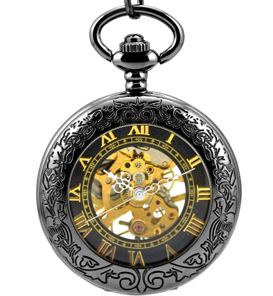 Orologio da tasca antico nero con numeri romani, carica manuale, orologio tasca meccanico, catenina con ciondolo, lupa nera da cavaliere, alta qualità