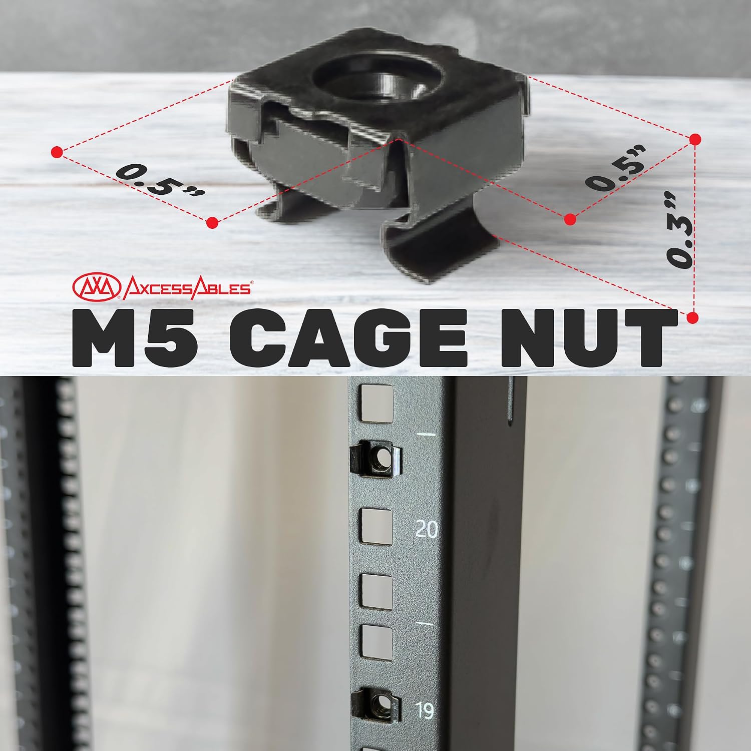 AxcessAbles 20-Pack M5 Cage Nuts and Screws Set – Rack Mount Hardware Kit with Washers for Server Cabinets, Shelves, Routers, AV Racks