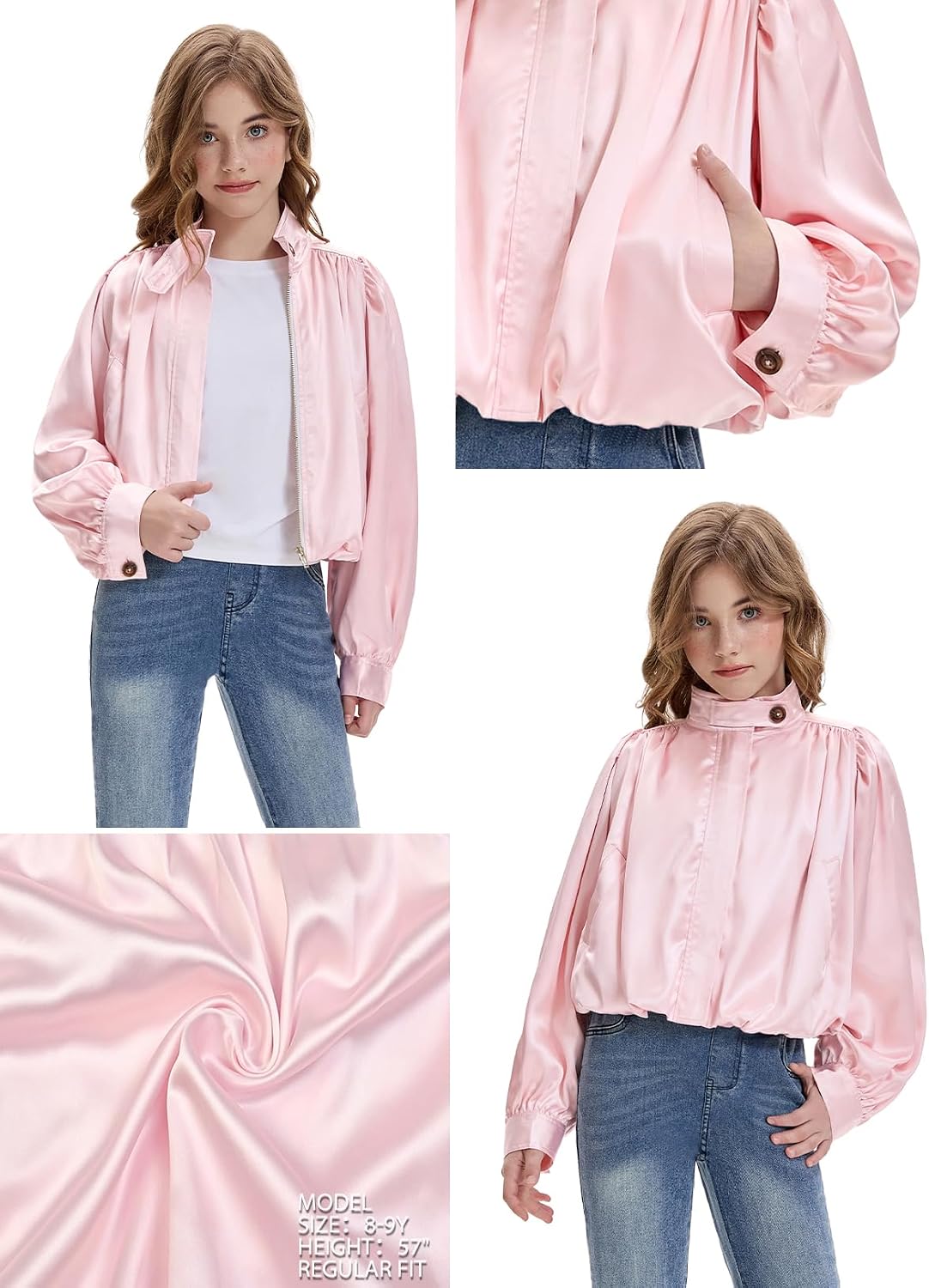Mirawise Girls Satin Bomber Jacket Puff Sleeve Cropped Zip Cute Coat 4-13Y