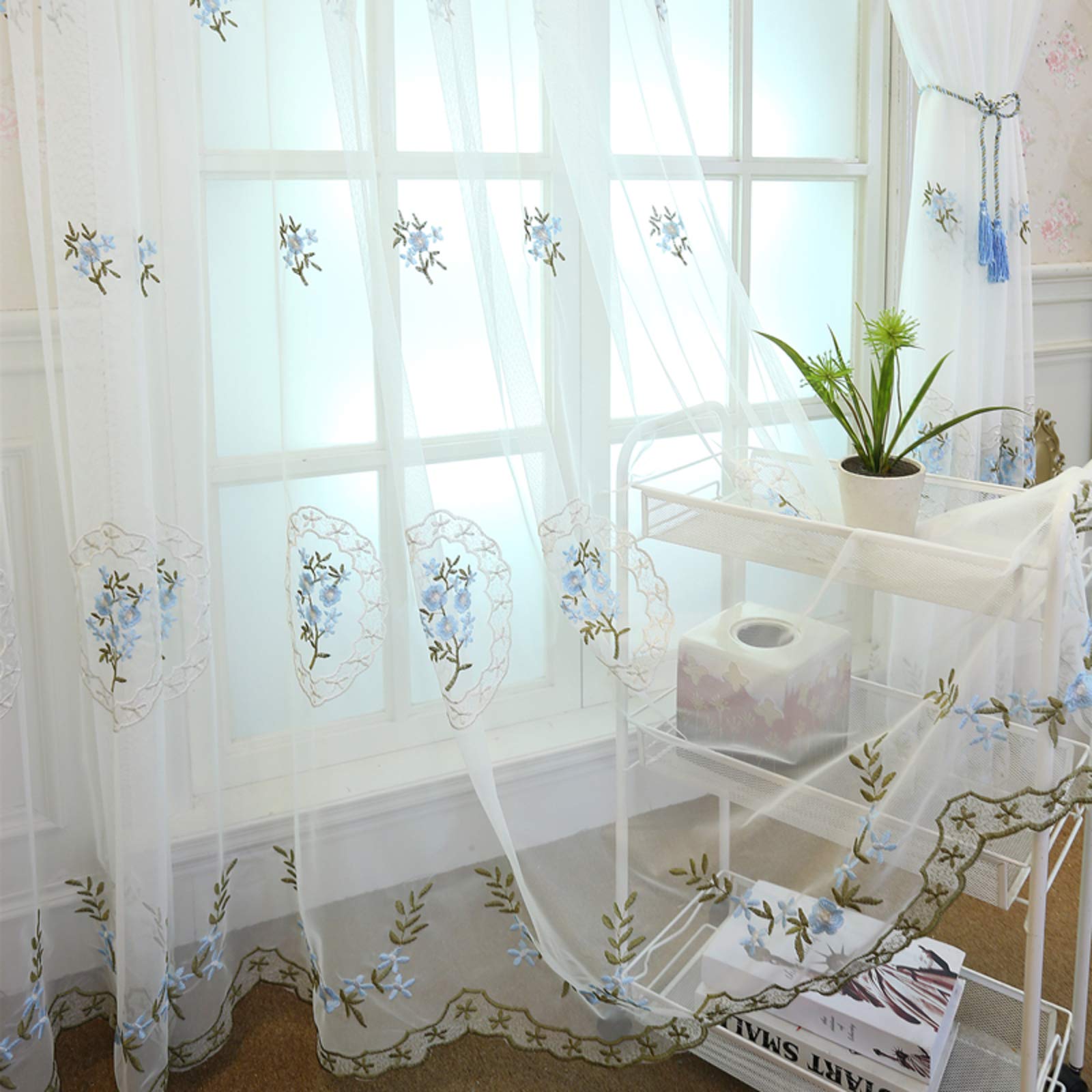 Rideau voilage bleu broderie de fleurs haut de gamme pour grand salon chic