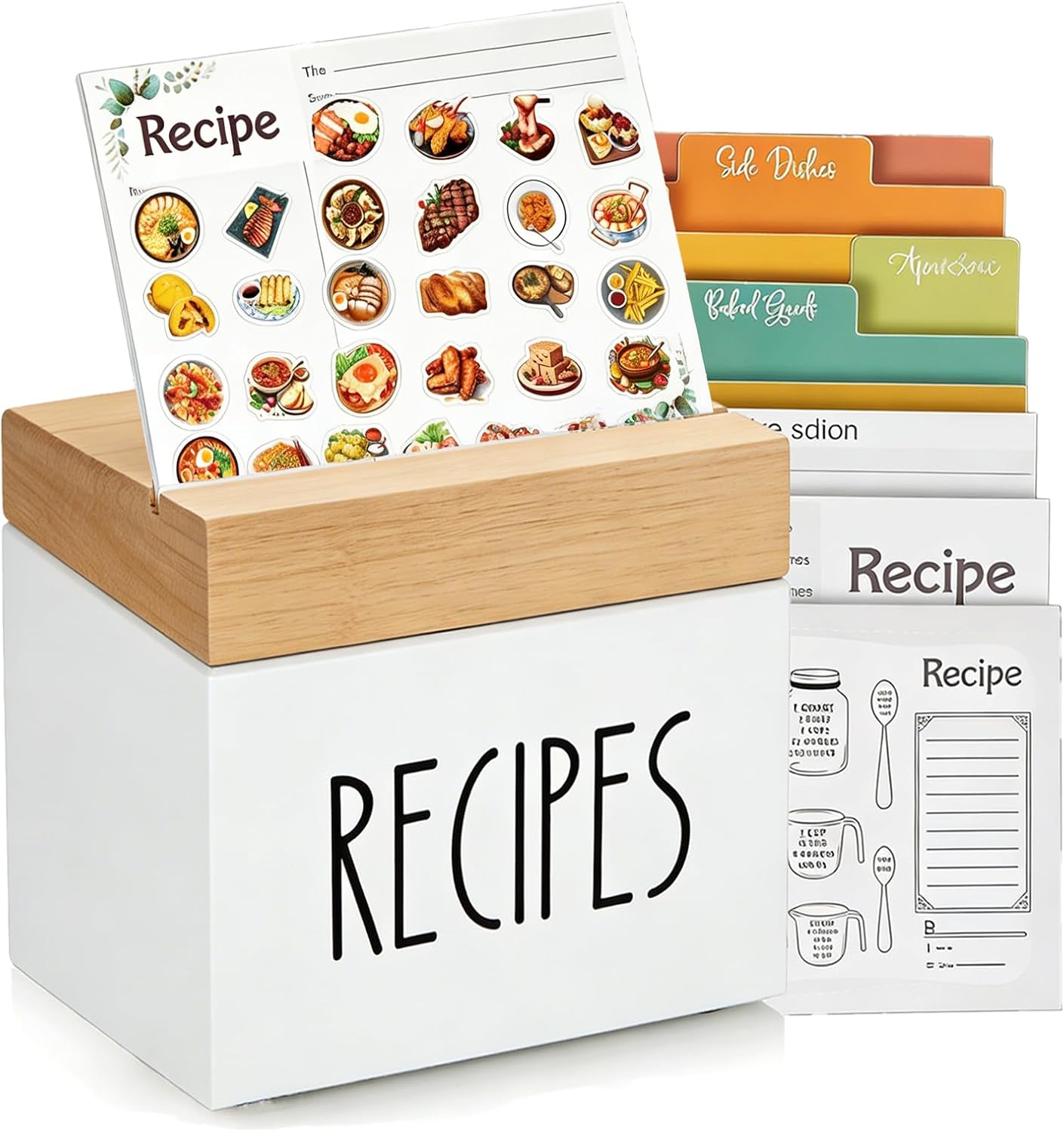 White Recipe Box with Wooden Lid, 4x6 Recipe Card Holder with 50 Blank Cards, 6 Dividers & 60 Food Stickers, Recipe Organizer for Kitchen