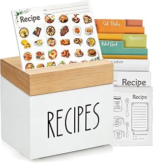 White Recipe Box with Wooden Lid, 4x6 Recipe Card Holder with 50 Blank Cards, 6 Dividers & 60 Food Stickers, Recipe Organizer for Kitchen