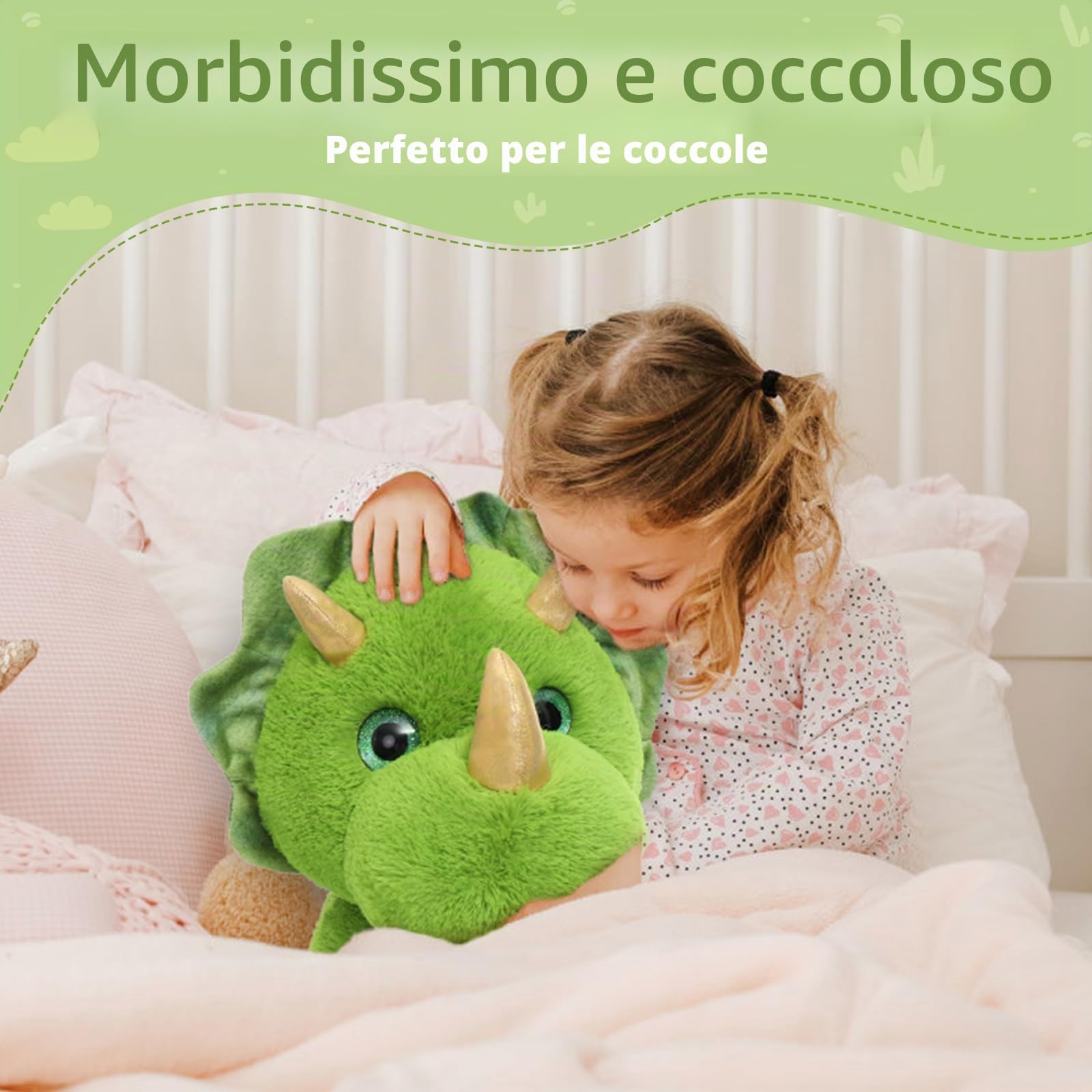 MorisMos Dinosauro Peluche Grande Verde, 62 cm XXL Triceratopo Giocattolo di Peluche Grande Kawaii Morbido, Idee Regalo Natale per Bambini Ragazze Ragazzi Compleanno Decorazioni