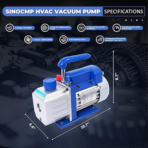 Miniatura 2 de SINOCMP Bomba de vacío de una sola etapa 4CFM, HVAC 110V 60HZ 13 HP Power para R12 R22 R134a R410a R502 AC Sistema de recarga de refrigerante, para