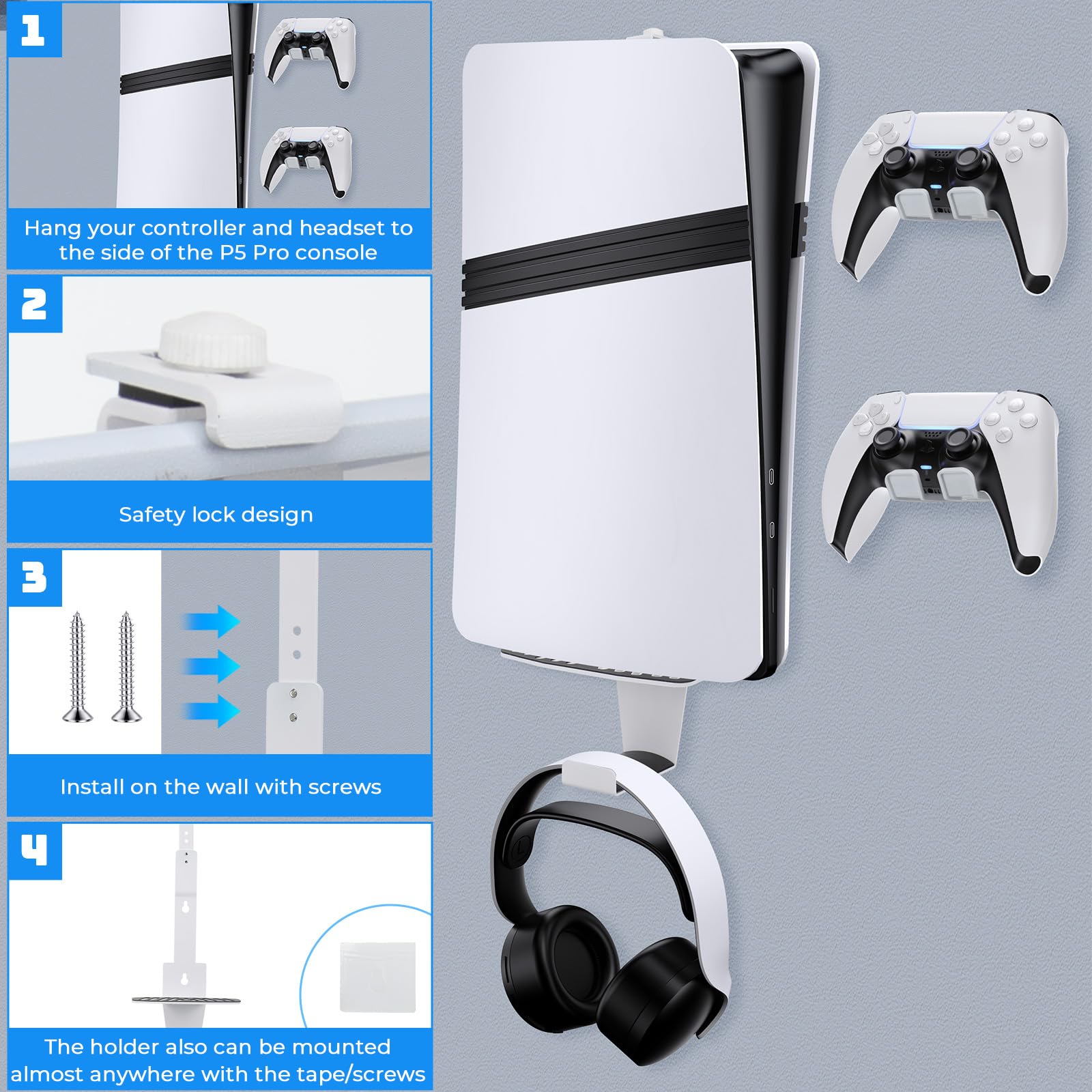 Supporto da Parete per PS5, Staffa da Parete per PS5/PS5 Slim/PS5 Pro Staffa per Montaggio a Parete per PS5/PS5 Slim/PS5 Pro in Acciaio con Gancio per Cuffie, 2 Supporti per Controller