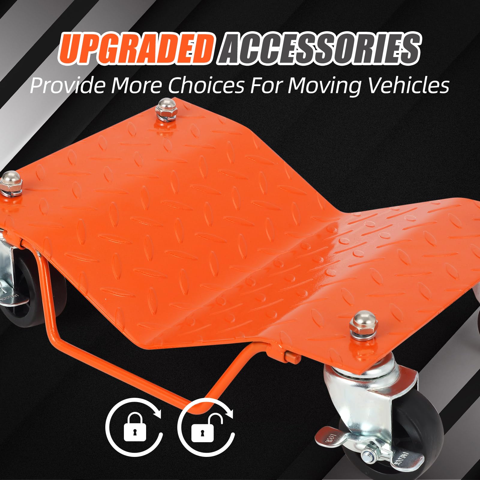 Garvee Carros Rodantes de Acero para Ruedas de Coche - Capacidad Total 1360 kg (3000 lbs), Ruedas Giratorias 360° con Freno, Plataforma Antideslizante para Garaje y Taller, Pack de 2 Unidades Naranja