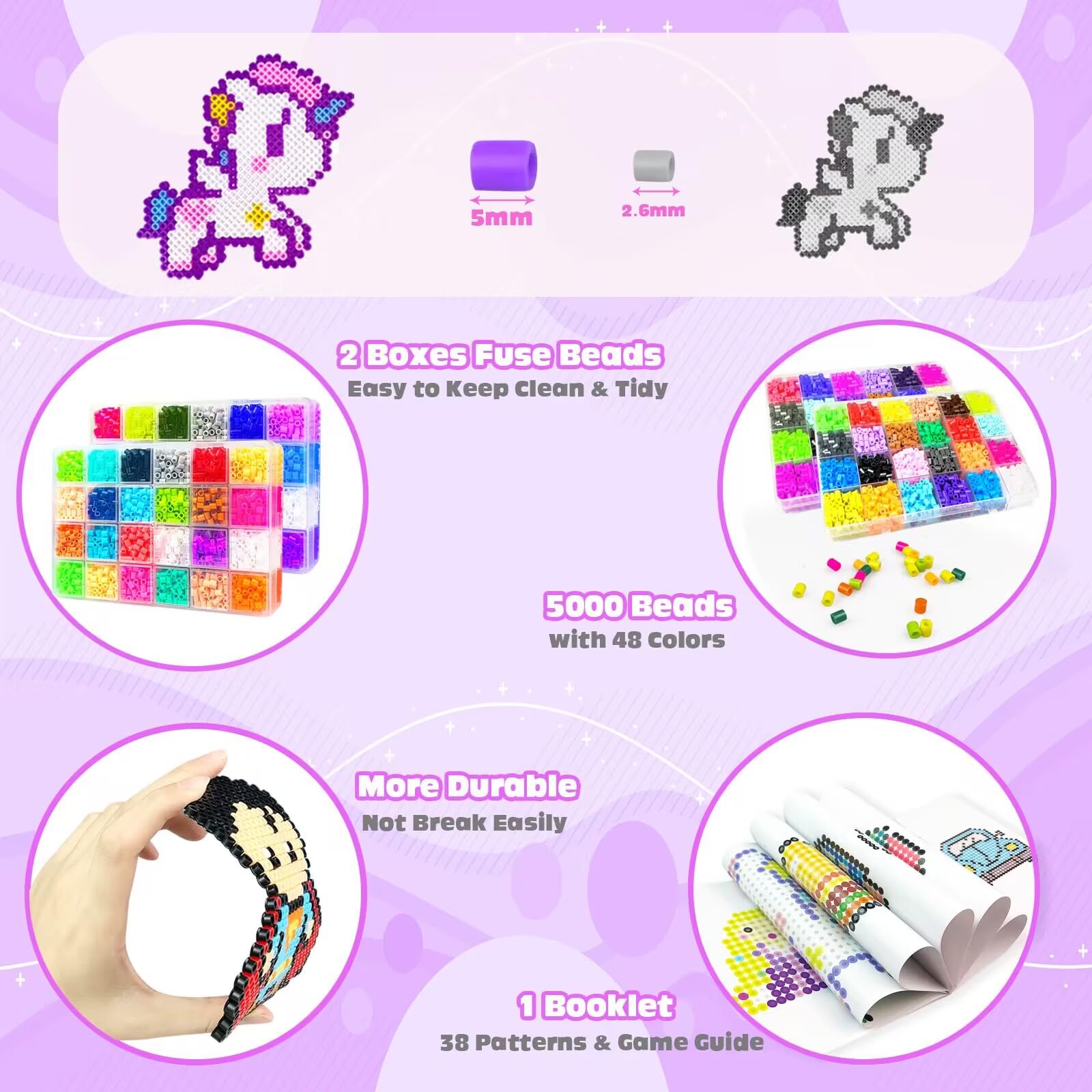 Fuse Beads Kit - 48 Colors 5mm Fuse Beads Set with Pegboards, Ironing Papers and Accessories, Fuse Beads 2 Boxes, DIY Craft Kits for Kids, Arts and Crafts Gifts for Girls & Boys Christmas Birthday - Image 4