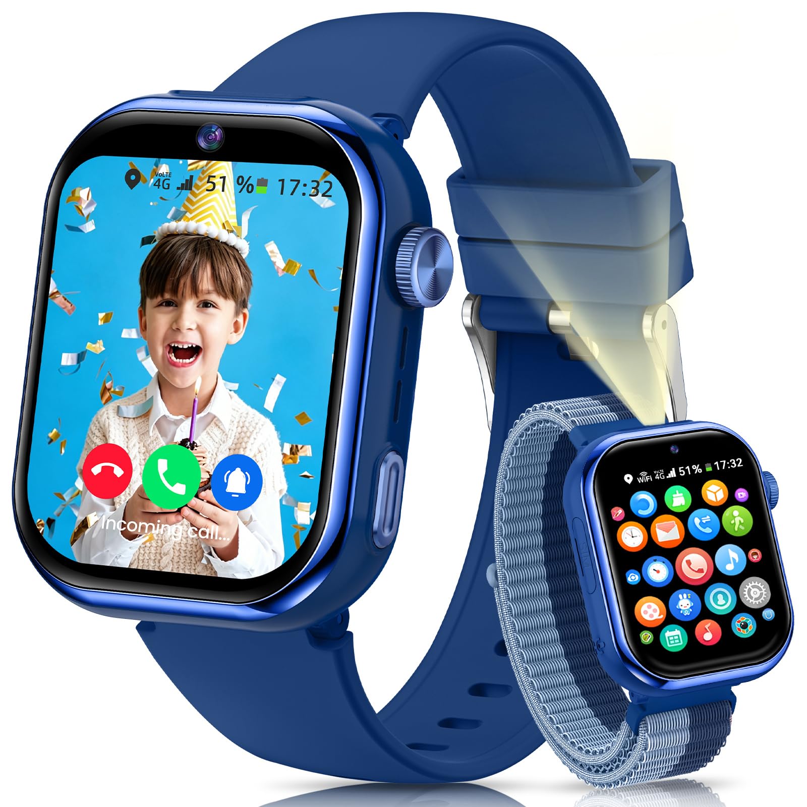 Reloj Inteligente Niño, 4G Smartwatch Niño con GPS y Llamadas, Doble Cámara, Videollamada, SOS, Modo Escuela, Despertador, Linterna, IP68, Podómetro, Regalo Niñas y Niños Azul, 3 Años Garantía