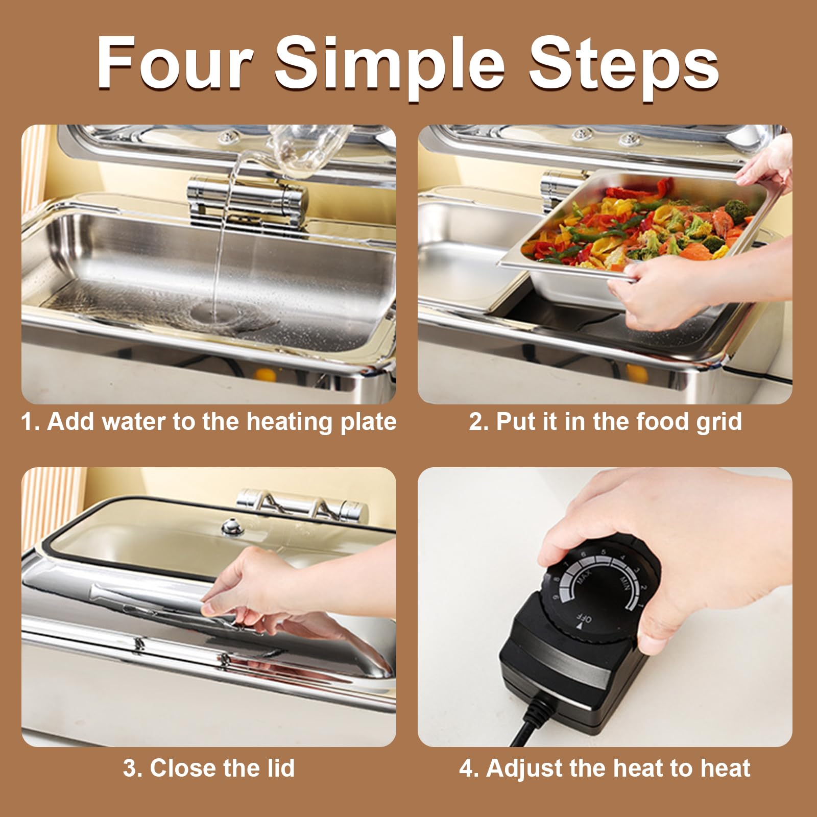 Chafing Dish Electrique, 9L Chauffe-Plats Buffet, Buffet Chauffant en Acier Inoxydable pour Restauration, Traiteur, Buffet Fêtes, Température Réglable 30-85 °C (1/3)