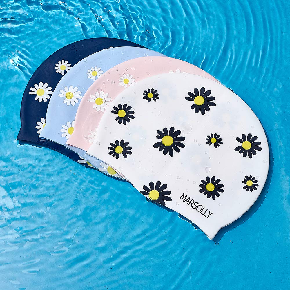 Gorro de natación de silicona para mujer, impermeable, de pelo largo, con estampado de flores, Rosado