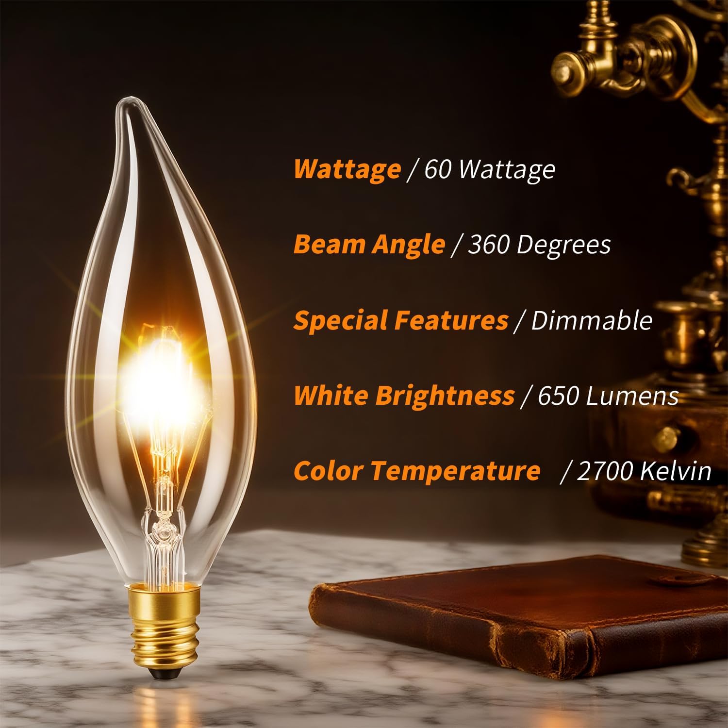 12-Pack E12 Chandelier Light Bulbs 60W Warm White 2700K 120V Candelabra Light Bulb for Ceiling Fan, 650 Lumens CA10 Dimmable Clear Candle Bulbs
