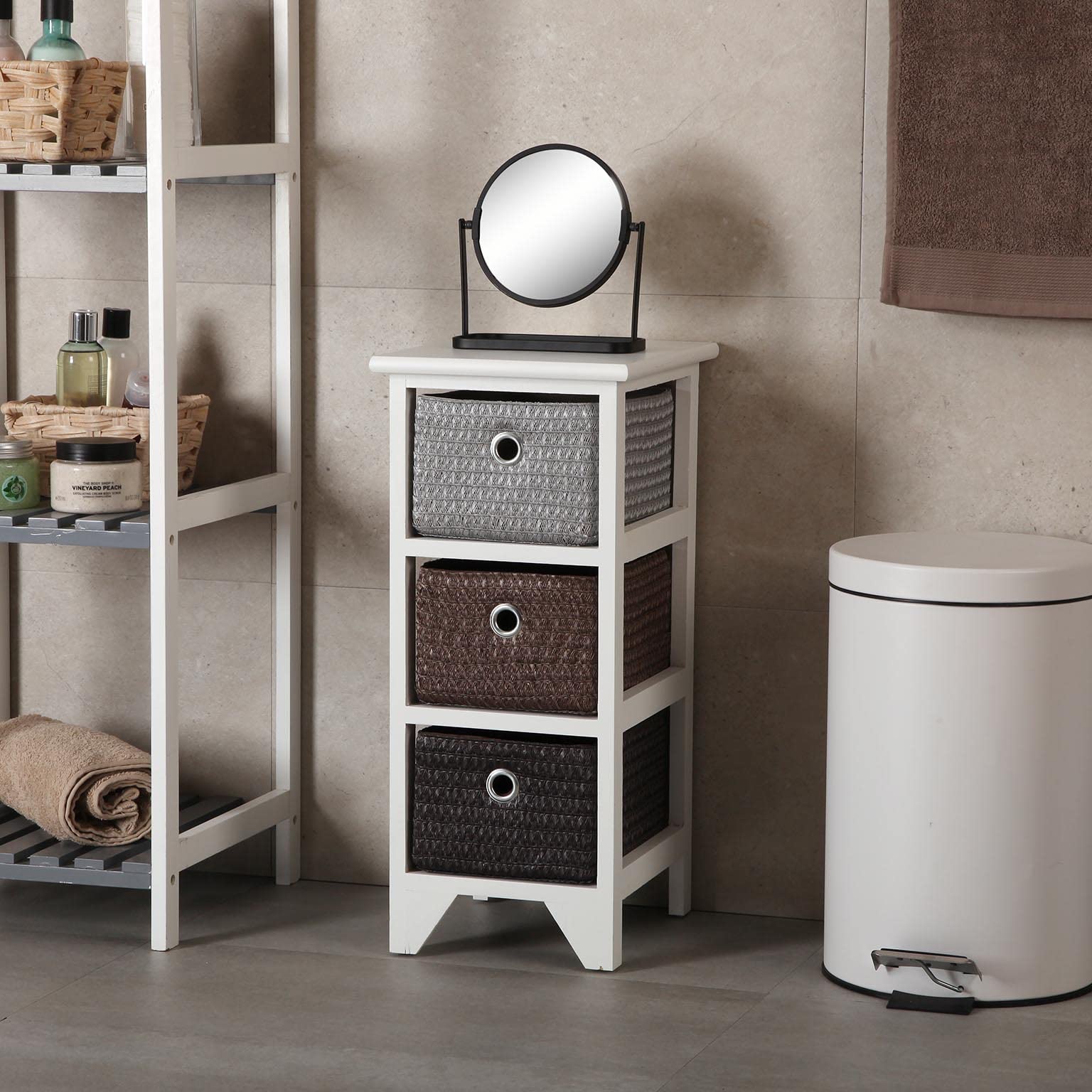 VERSA Lingbo Mobile Bagno, Mobiletto Bagno Salvaspazio, Mobiletti, Cassettiera con 3 cassetti per organizzare, Misure (A x L x l) 56 x 30 x 25 cm, Plastica e Legno, Colore Bianco
