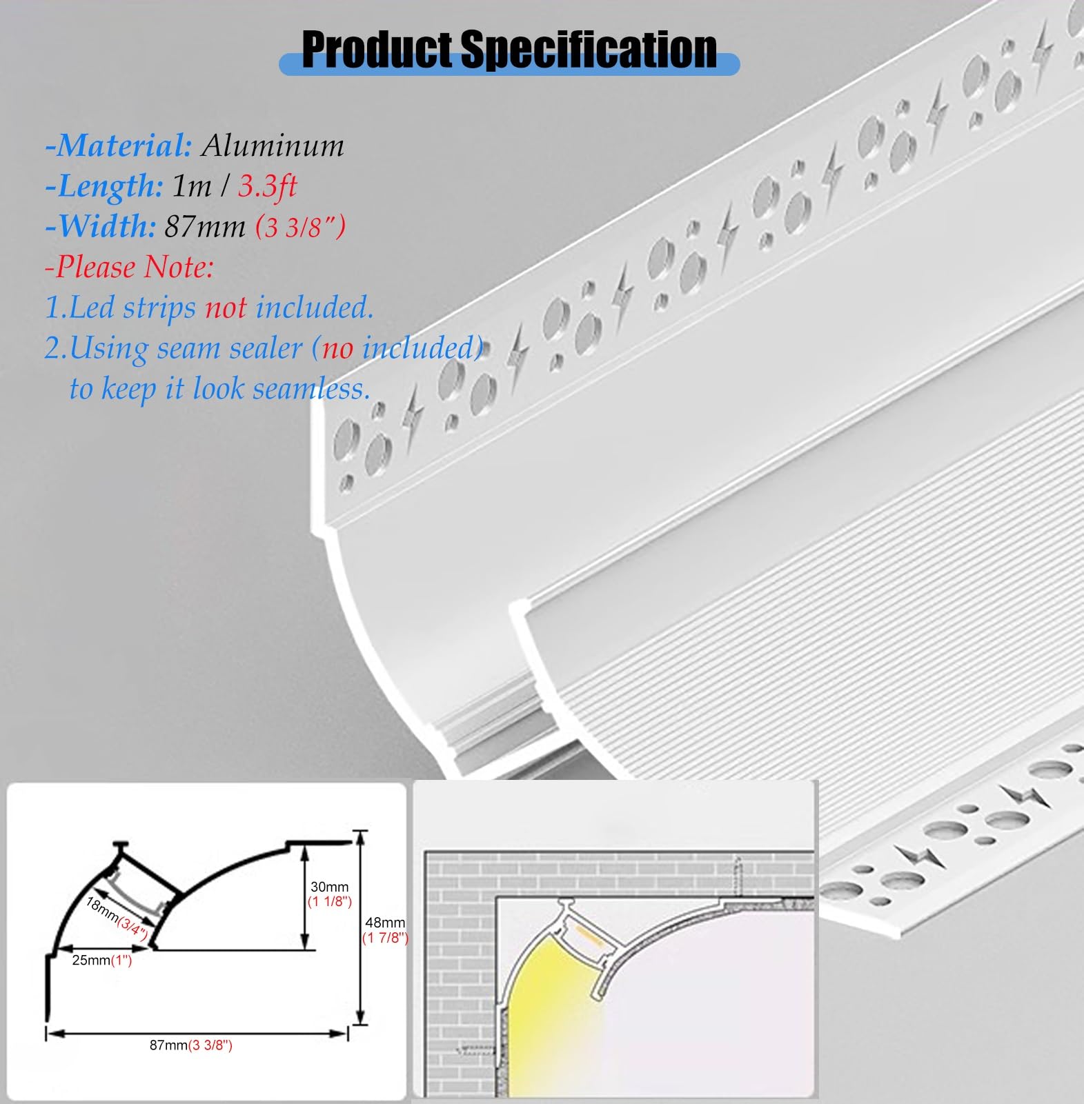 Profili per Strisce Led Diffusore in Alluminio per Illuminazione Indiretta a Soffitto, Battiscopa Bianco Canale Led Senza Luce Led, Diffusore Led Modanatura Corona per Arredamento Casa(8m/26.2ft)