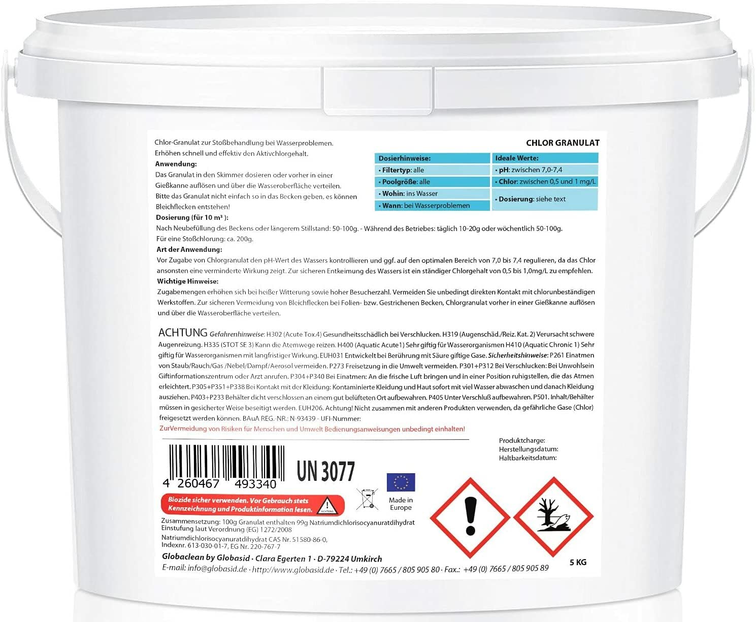 Chlorgranulat für Pool 5kg – Schnelllösliches Chlor Granulat mit 56% Aktivchlor – für Poolpflege, Schockchlorung & Stoßchlorung – gegen Algen & Bakterien