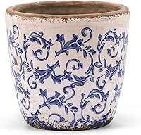 TEWEIQI Vintage 6.5 Inch Ceramic Planter Blue Floral Drainage Hole Tray Mesh Rustic Farmhouse Indoor Outdoor Plant Pot