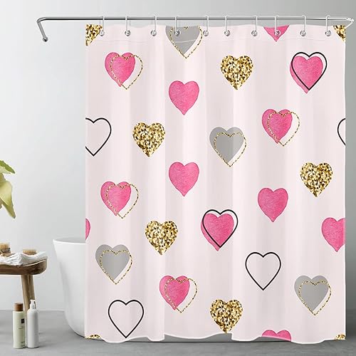 Miniatura 8 de LB Romantic Valentines Day Shower Curtain Grey and Gold Love Heart on Pink Bathroom Curtain with Hooks 72x78 inch Waterproof Polyester Fabric