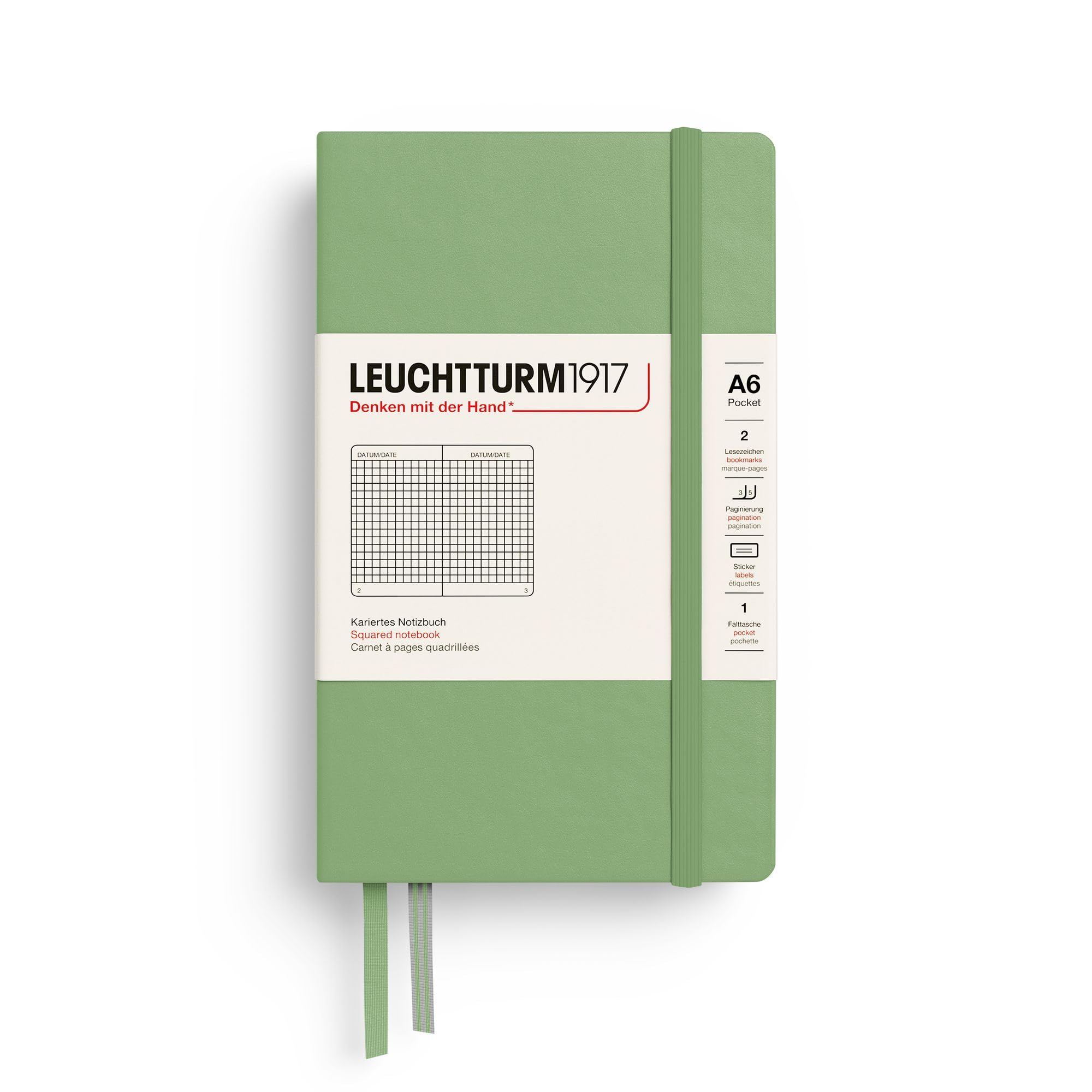 LEUCHTTURM1917 - Notebook Hardcover Pocket A6-187 Numbered Pages for Writing and Journaling (Sage, Squared)