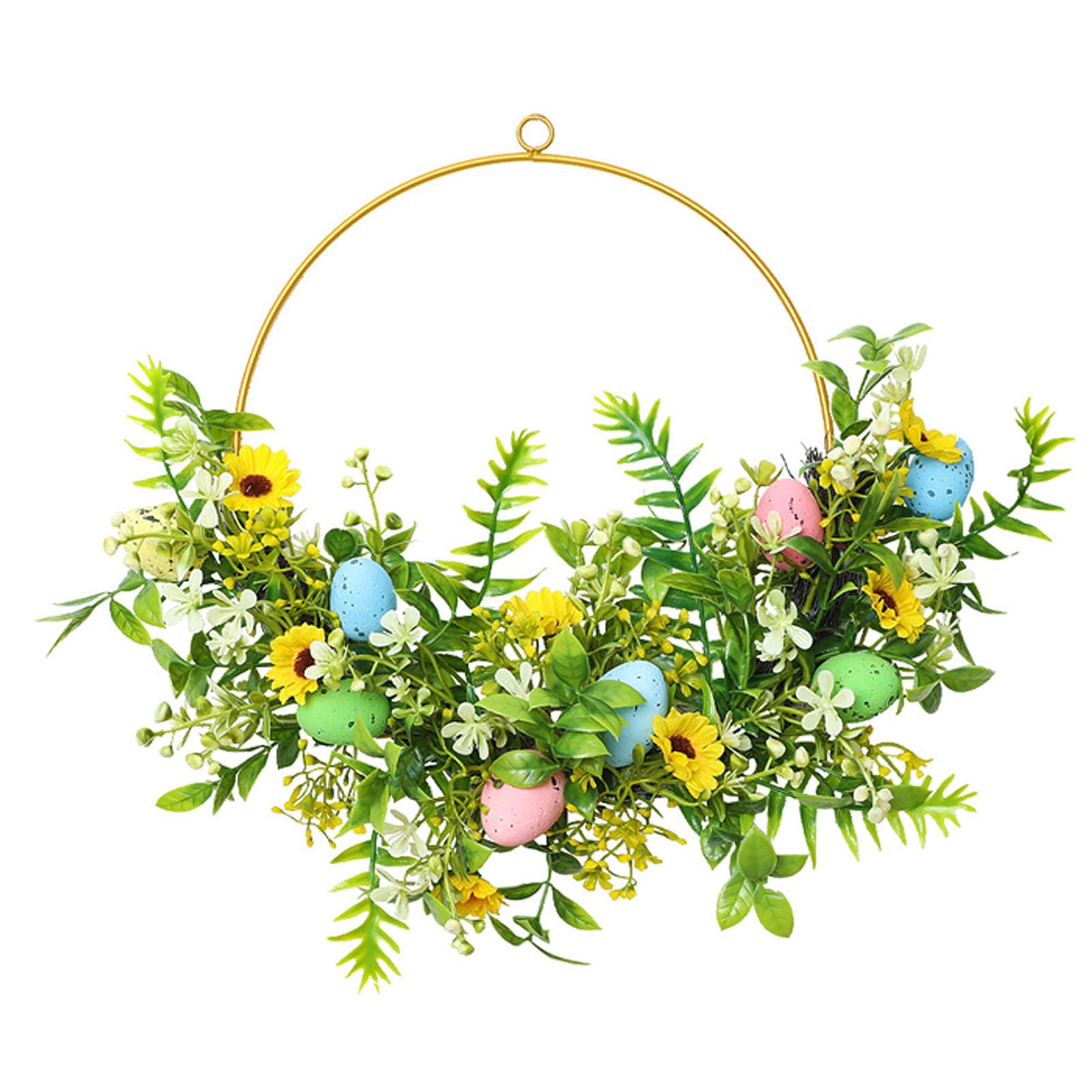 Easter Wreath For Front Door ， 40cm Artificial Easter Eggs Wreath ，Door Wreaths Outdoor ，Hang a garland，Faux Spring With Eggs ，A garland with golden metal rings，Colorful Eggs For Home Decoration