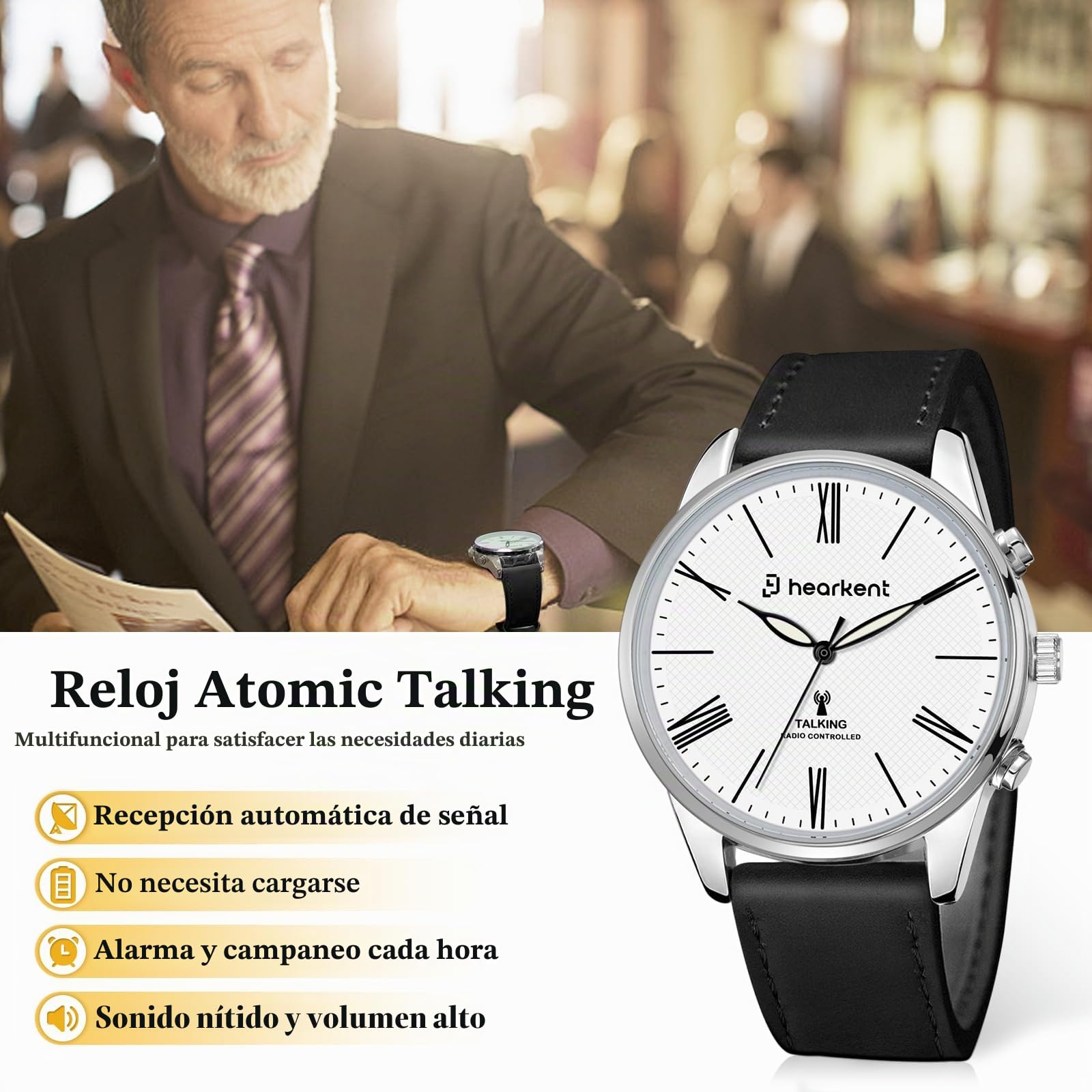 Hearkent Reloj parlante para personas con discapacidad visual, habla hora y fecha, relojes de pulsera para hombre, ajuste automático de la hora, regalos para personas ciegas, hombres mayores con