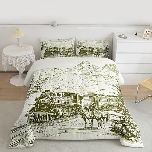 Juego de edredón de tren de vapor, ropa de cama King con diseño de vaqueros, salvaje oeste americano, desierto occidental, caza, equitación, juegos