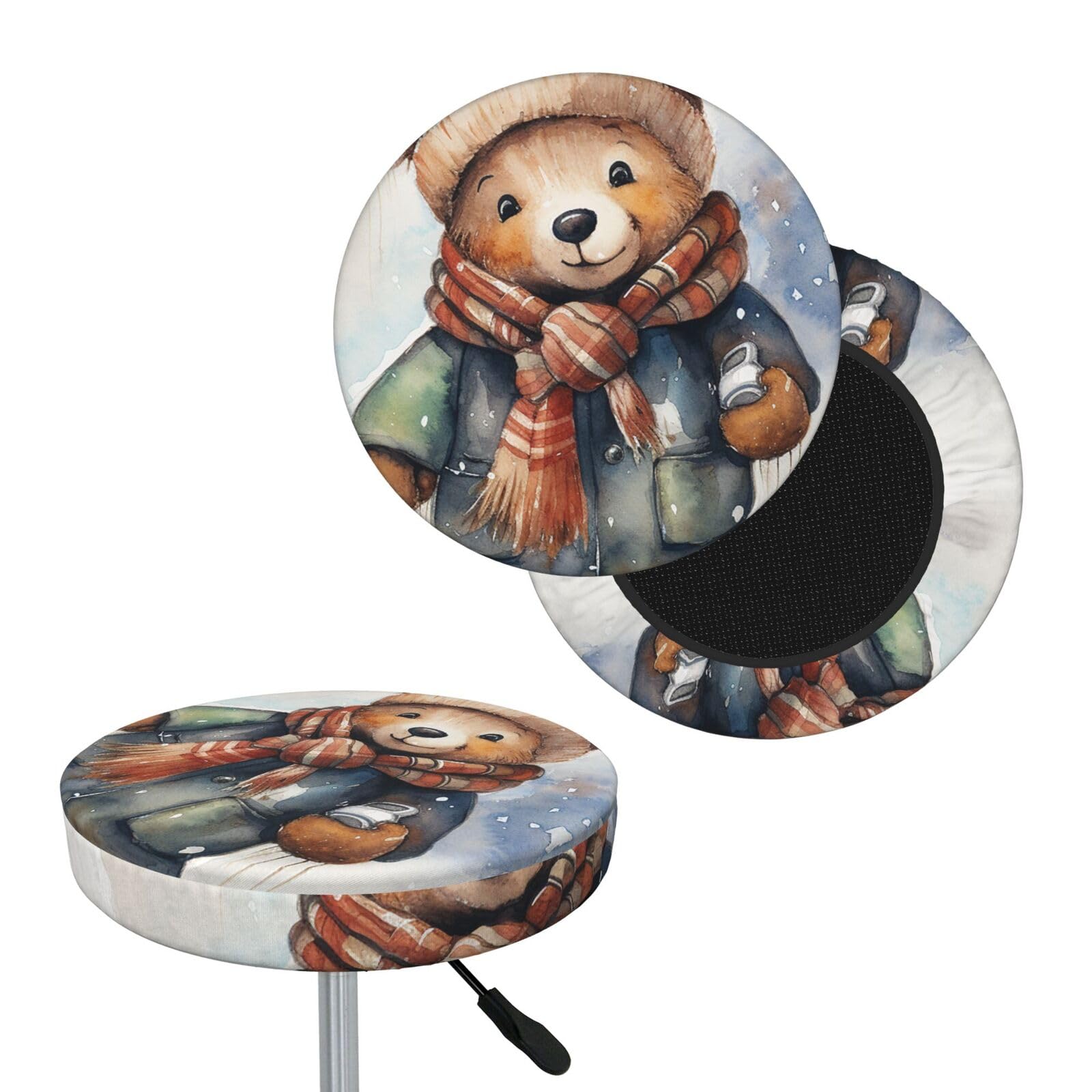 FekiLoot Bear with Scarf Round Bar Stool Covers Stretch Washable Bar Stool Covers Dustproof Slipcover Bar Chair Covers with Elastic Band for Bar Kitchen Living Room Decor 14 Inch