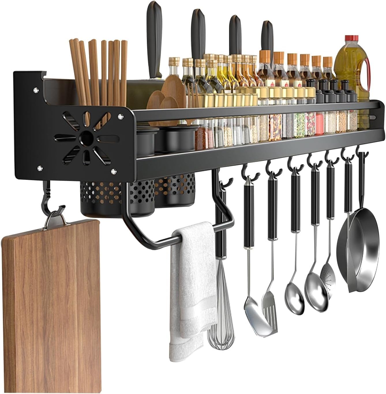 Wandmontiertes Küchenregal mit Haken, ohne Bohren, Organizer für einfachen Zugang zu Gewürzen und Utensilien, platzsparende Aufbewahrungslösung für Zuhause und Küche