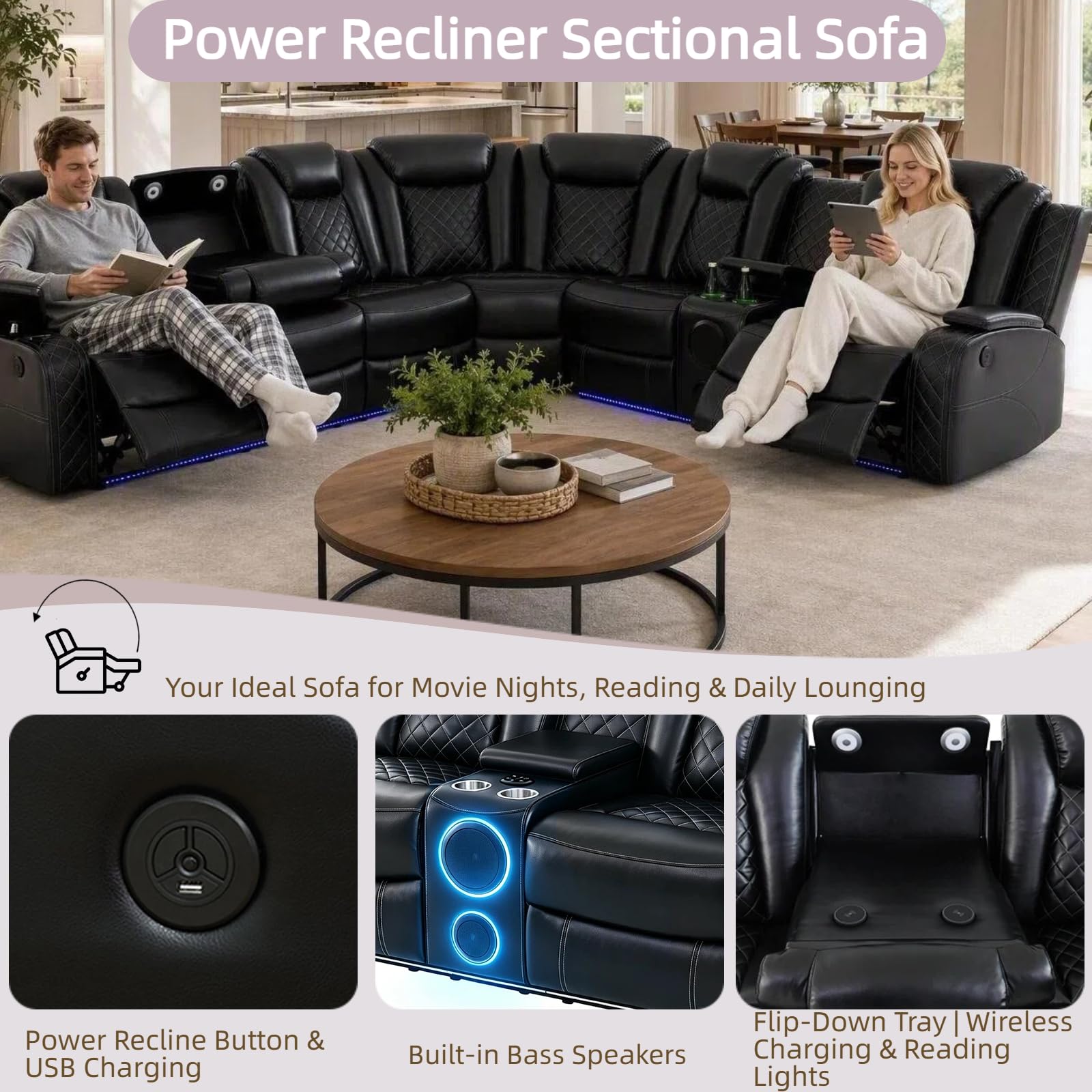 Leather Power Reclining Sectional Sofa Set with Bass Speakers & USB Ports view 5