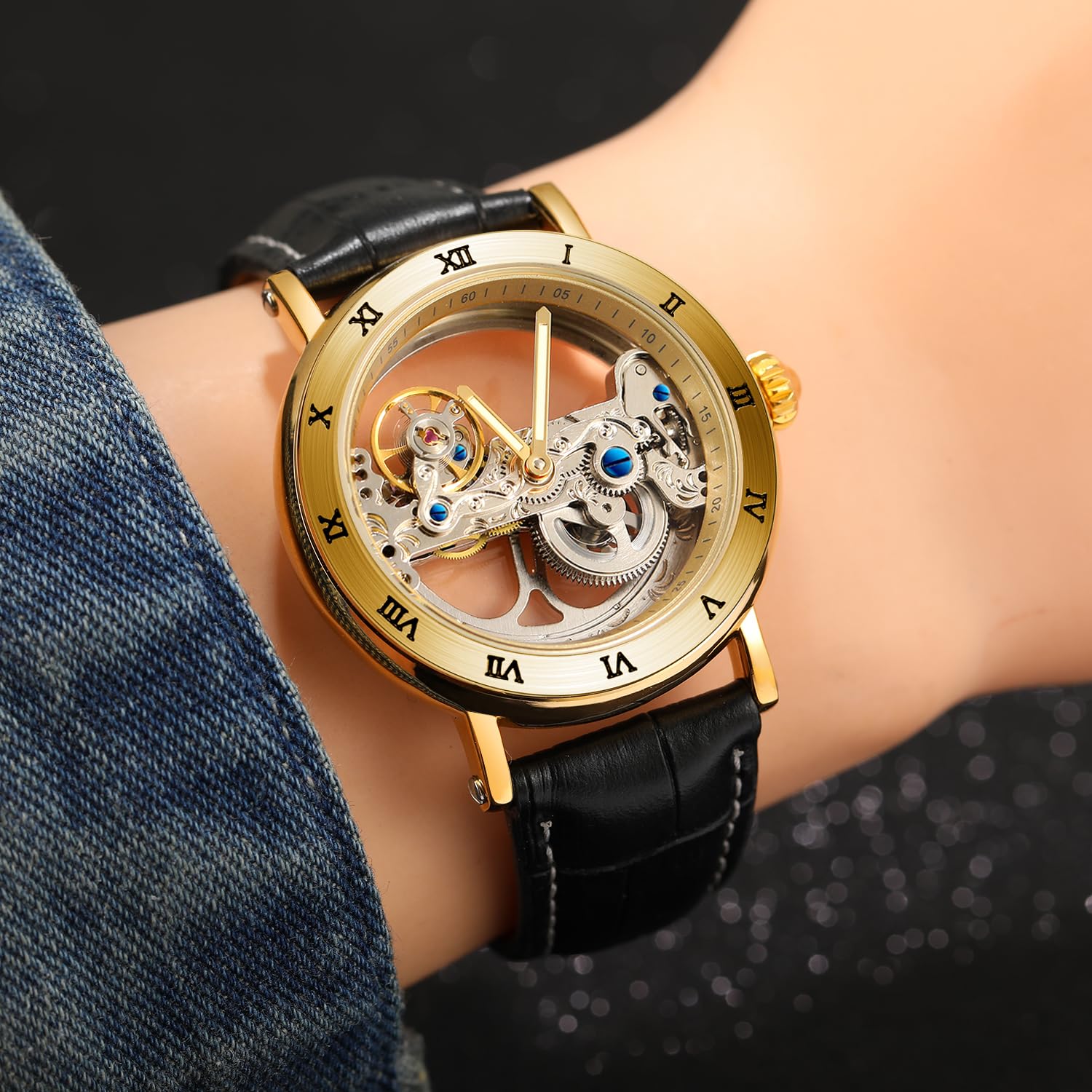 FORSINING Reloj de esqueleto de diseño único con movimiento automático y esfera analógica, estilo popular, con correa de cuero